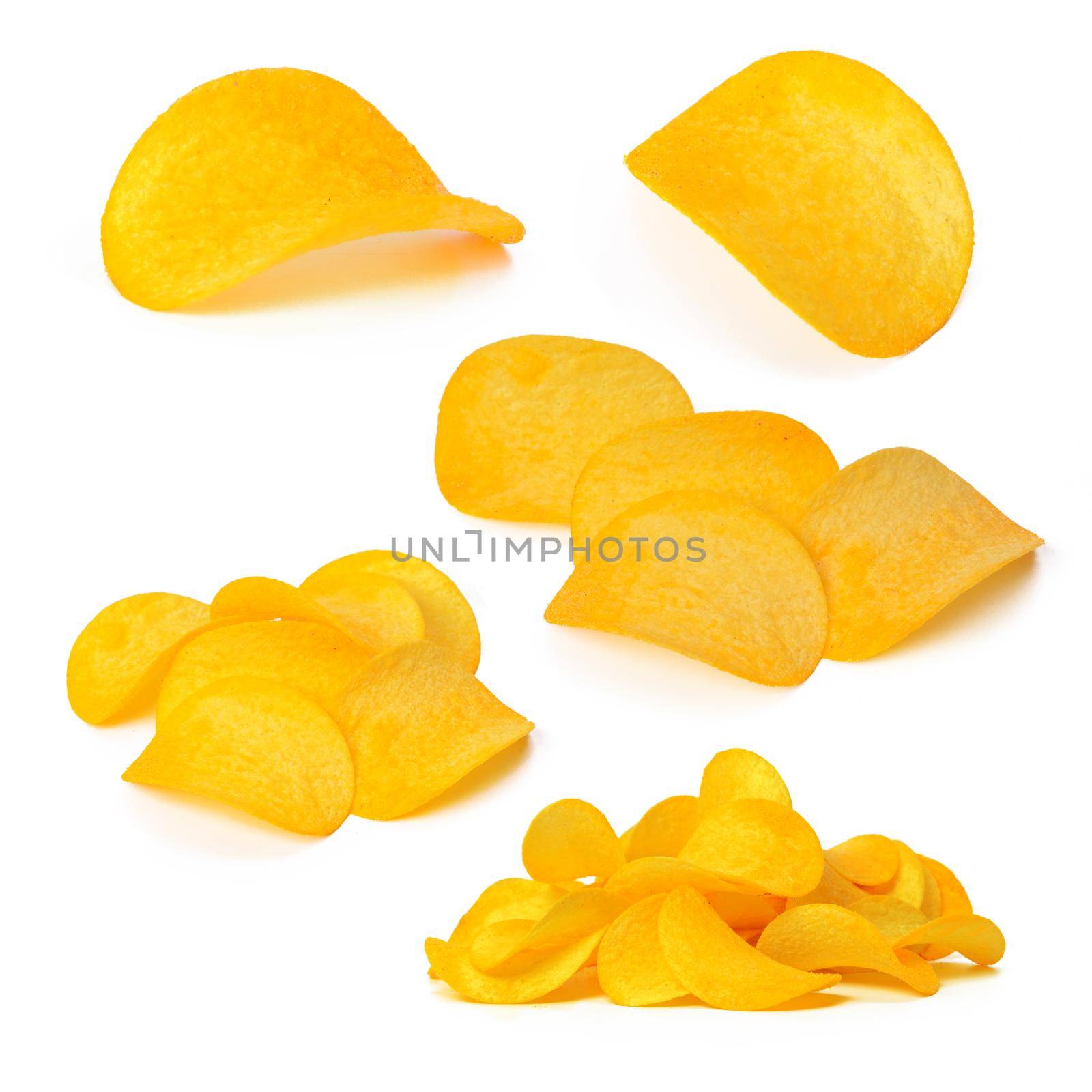 Set of potato chips close-up on an isolated white background