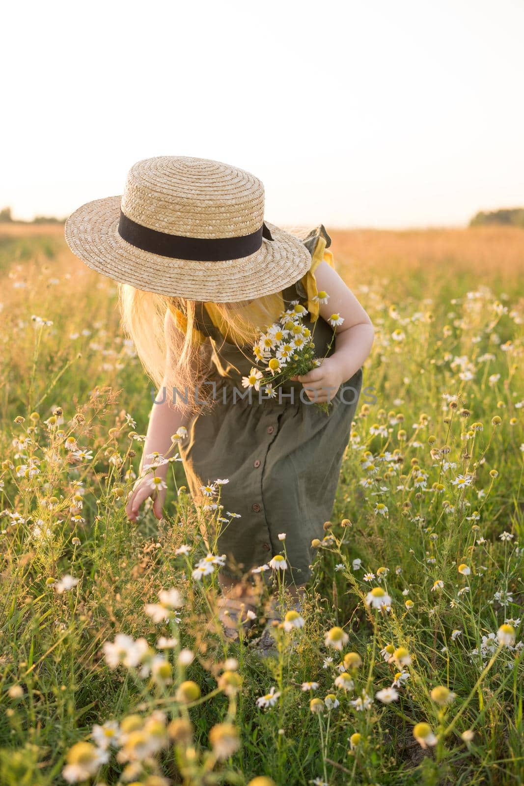 A little blonde girl in a straw hat walks in a field with a bouquet of daisies. The concept of walking in nature, freedom and an eco-friendly lifestyle.