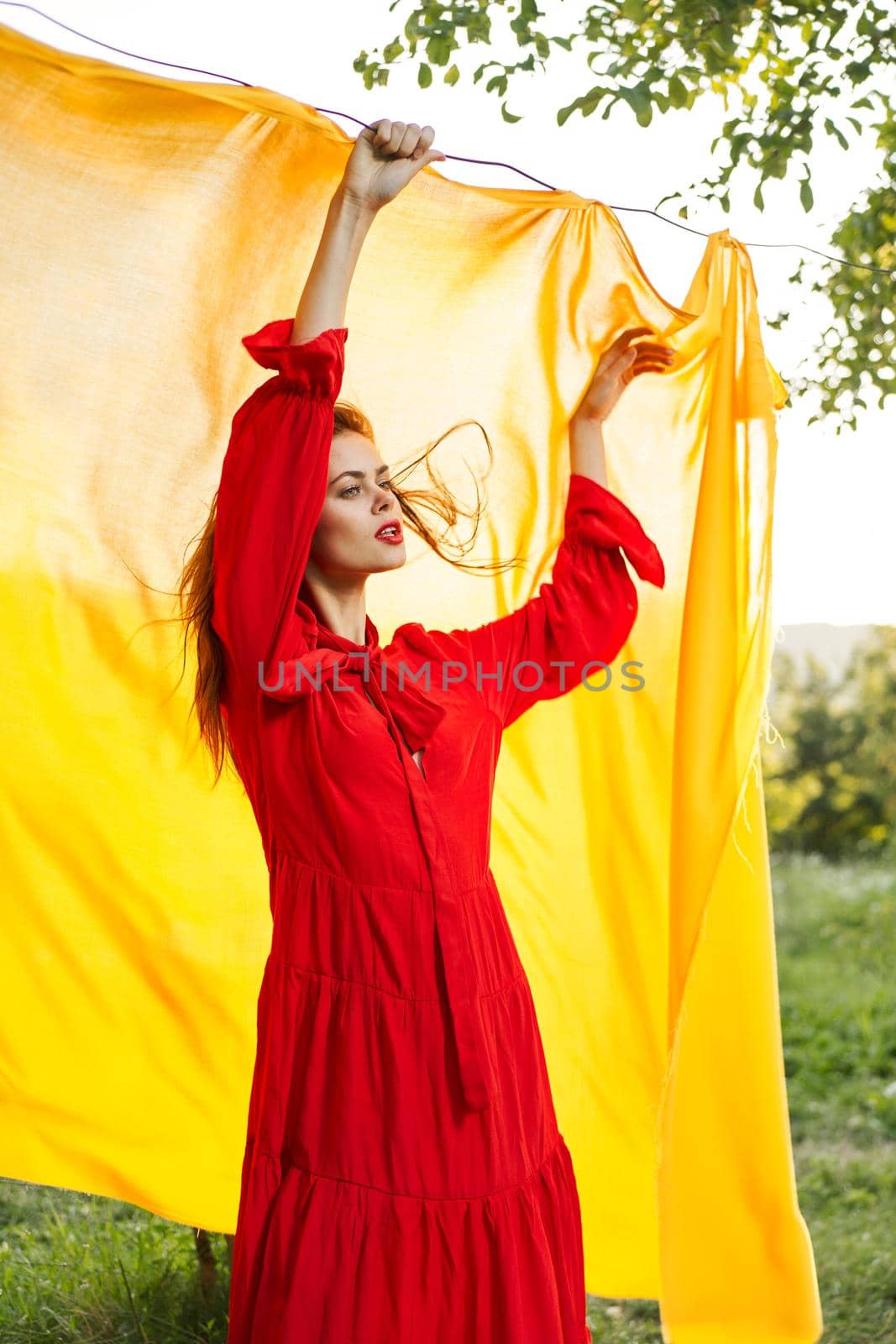 festively outdoors yellow cloth on the background of posing red dress by Vichizh