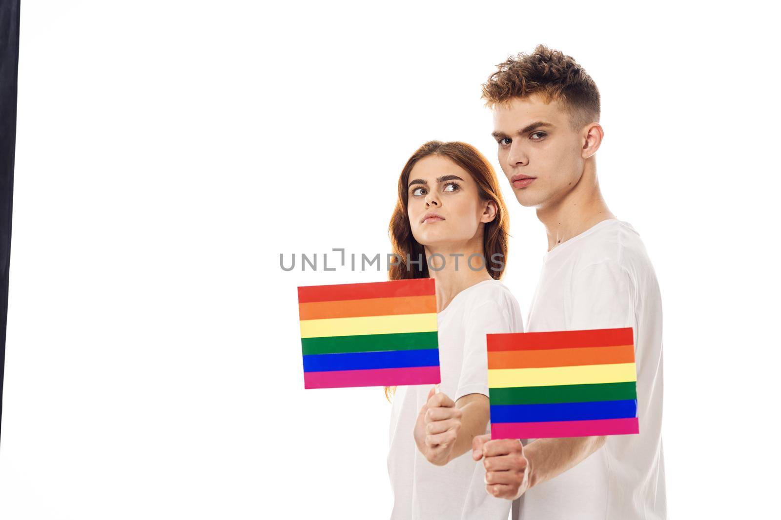 young couple lgbt community flag transgender lifestyle. High quality photo