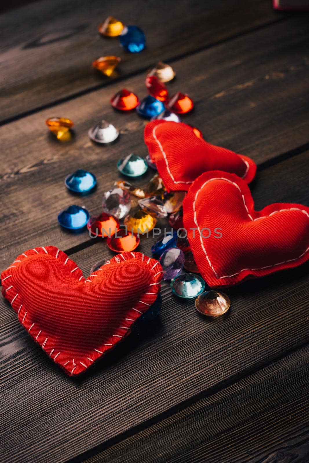 gifts decoration hearts holiday wooden background design. High quality photo