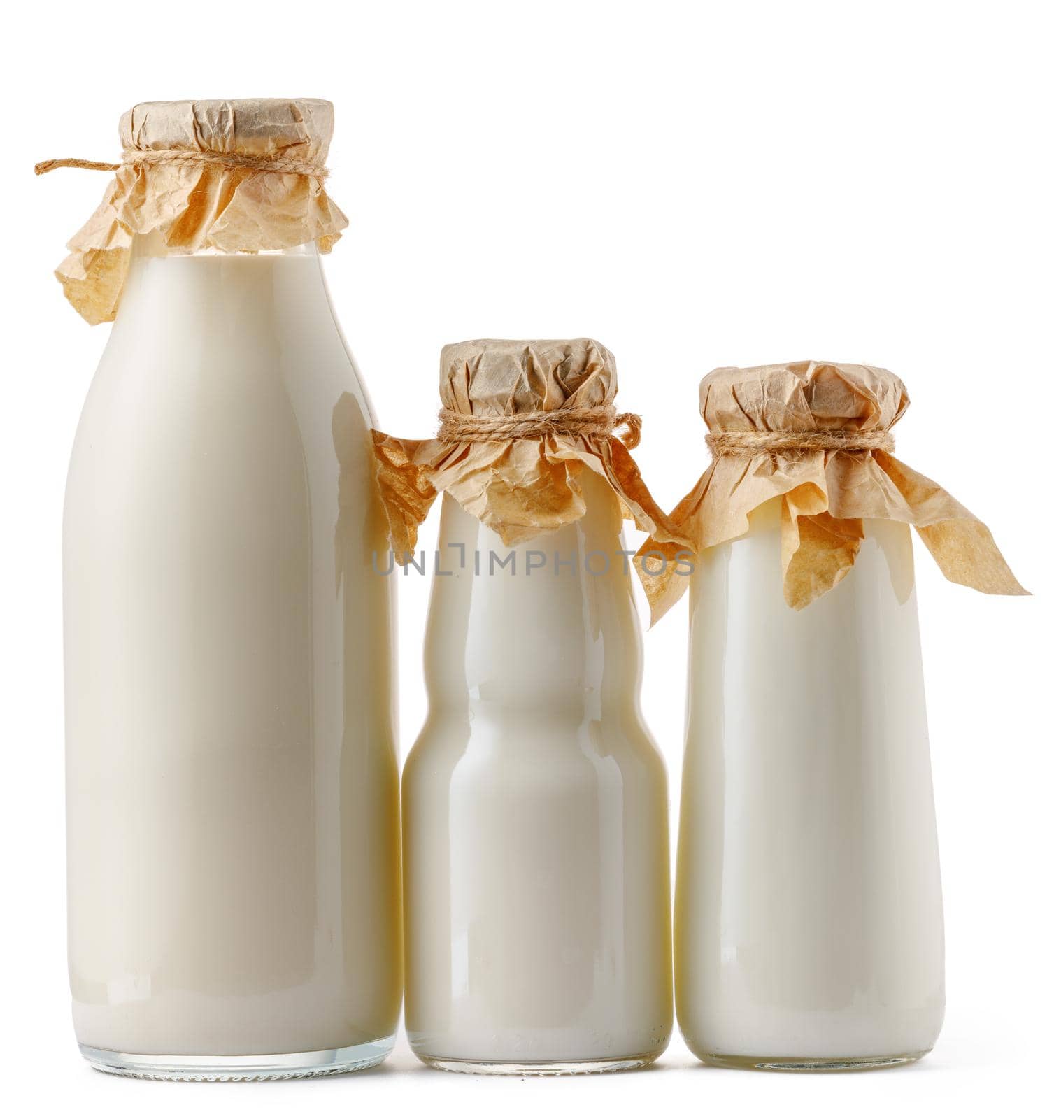 Glass milk bottle isolated on white background close up