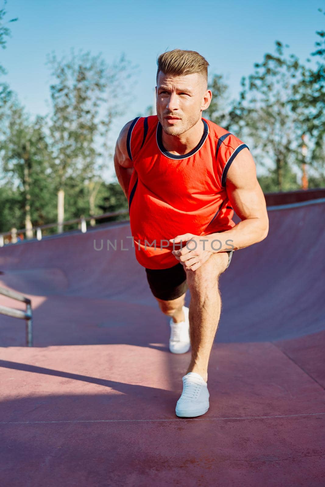 athletic man workout exercise fitness sportfit fresh air. High quality photo