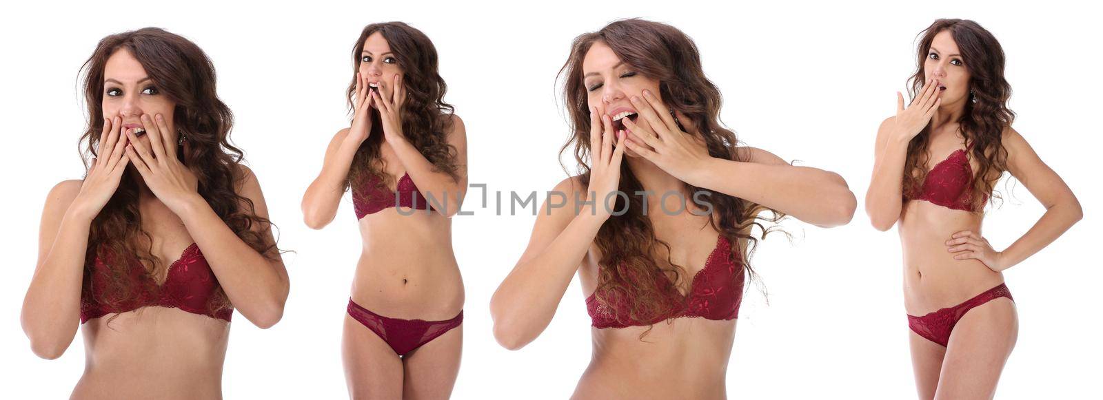 Woman covering her mouth and laughing isolated on white background