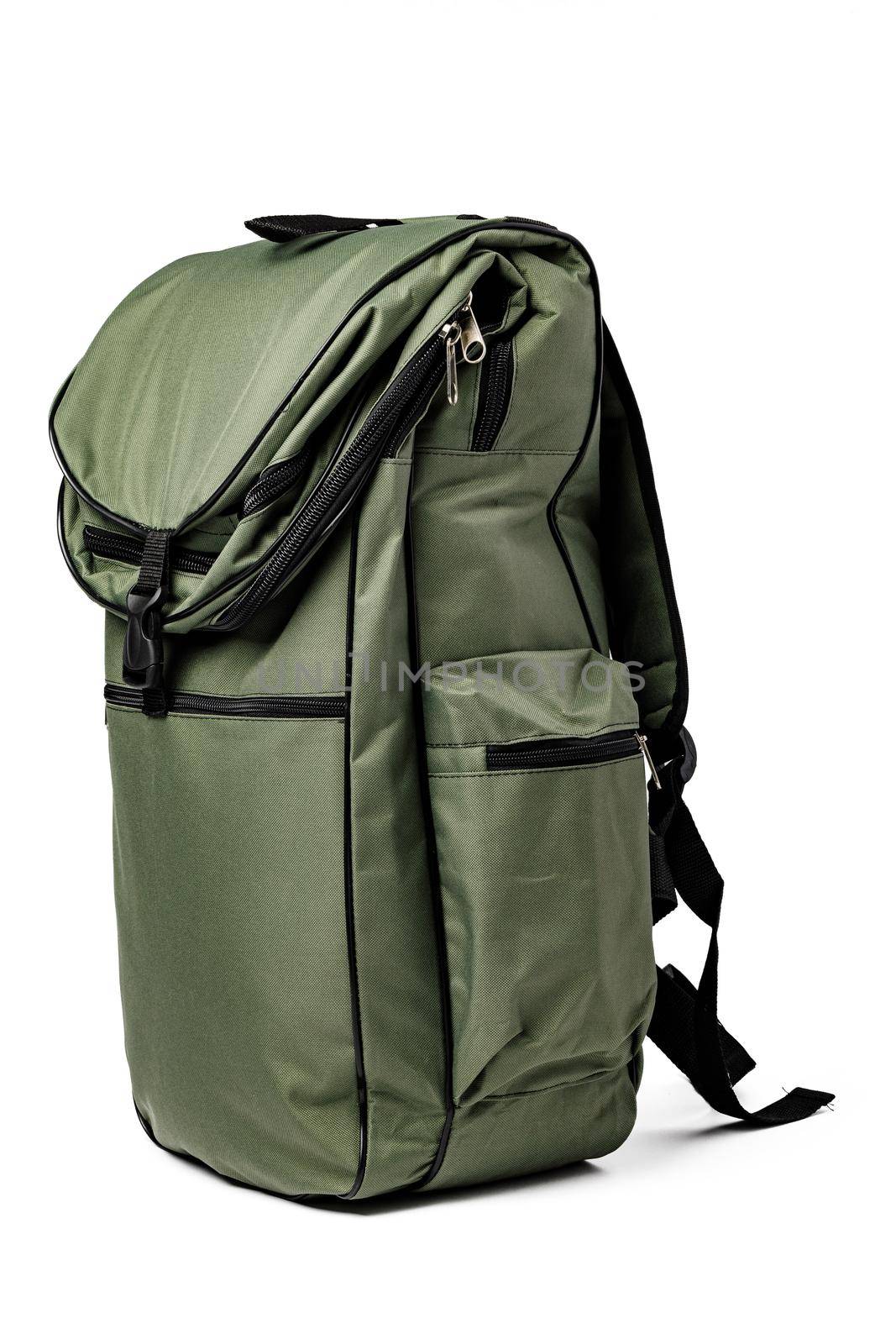Big military backpack isolated on white background close up