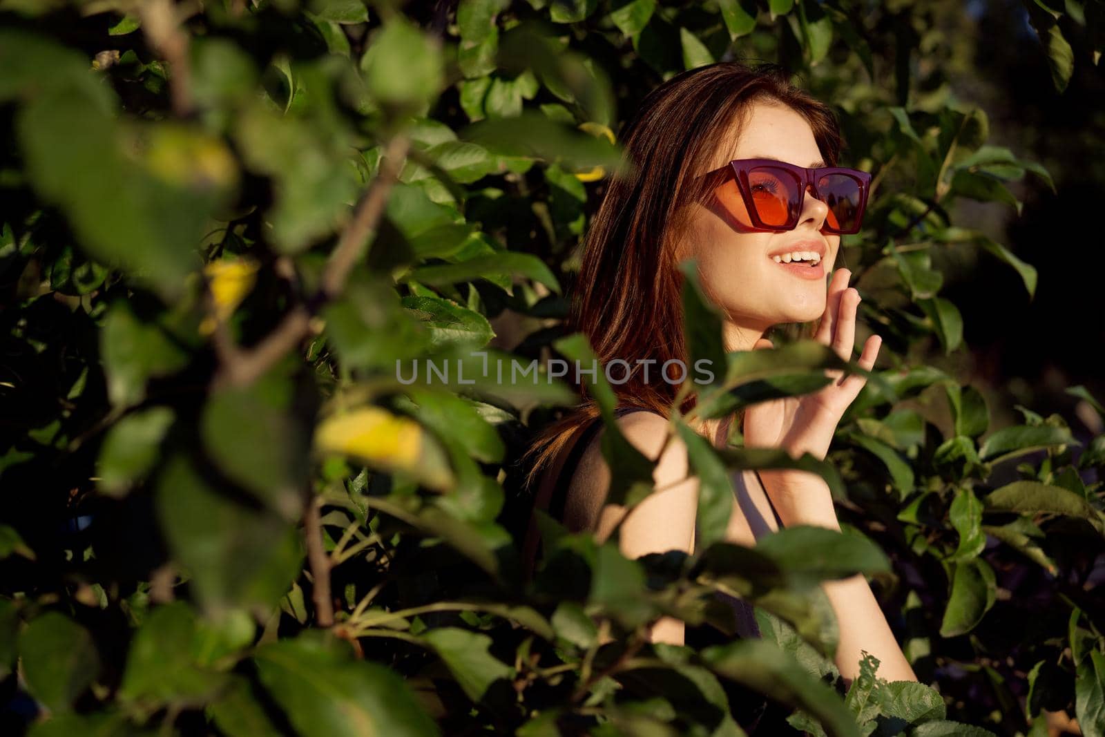 pretty woman wearing sunglasses green leaves glamor posing summer. High quality photo