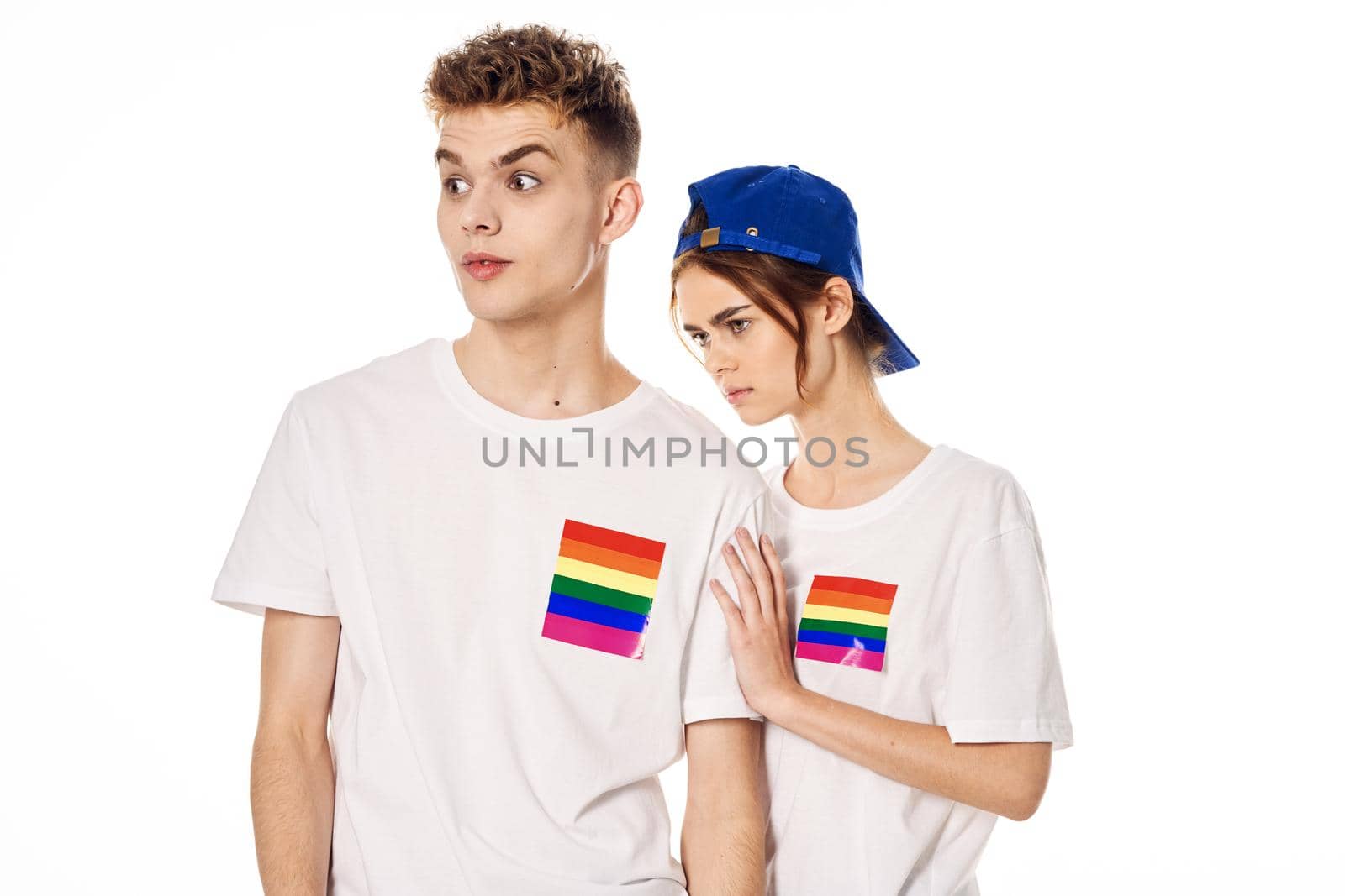 young couple lgbt Flag transgender lifestyle light background. High quality photo