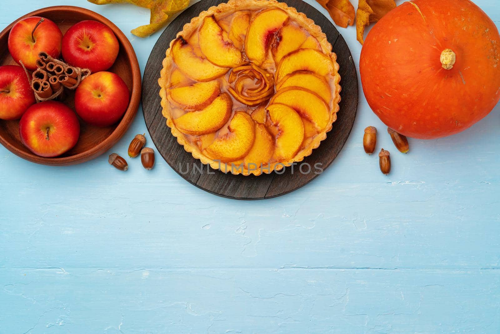 Top view of a traditional american thanksgiving pie top view on wooden board