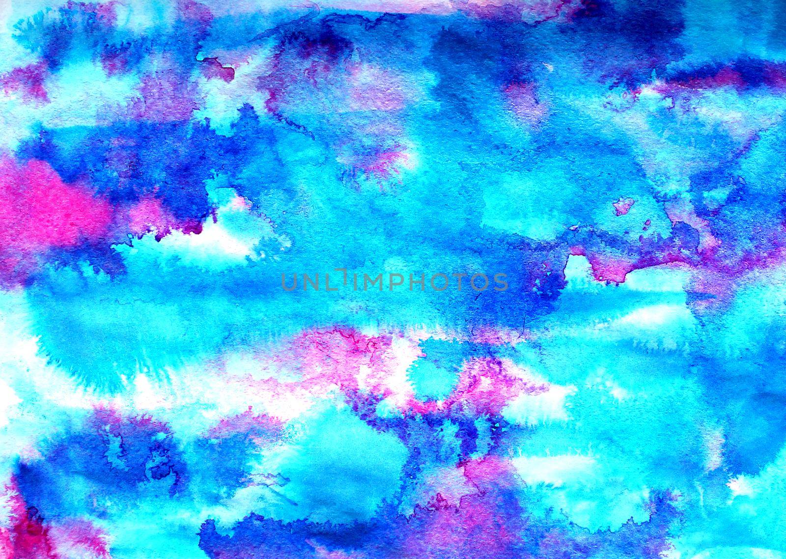 Abstract blue pink ink painting on grunge paper texture. Hand painted watercolor background. wash. Illustration stain and spot. Bright color. Unusual creativity art. Pattern