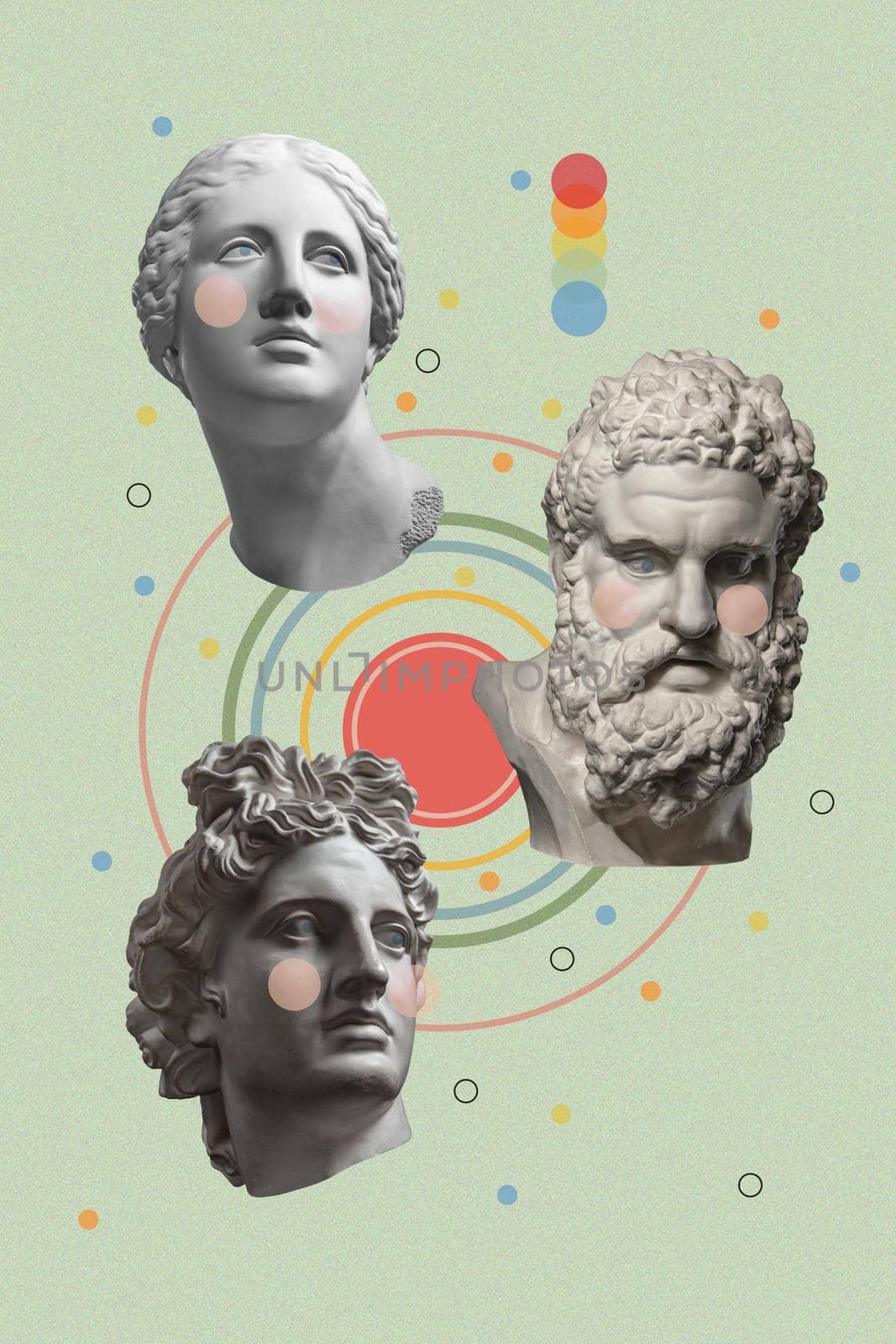 Collage with plaster antique sculptures of human faces in a pop art style. Creative concept image with ancient statue head in pastel colors. Zine culture. Contemporary art style poster. by bashta