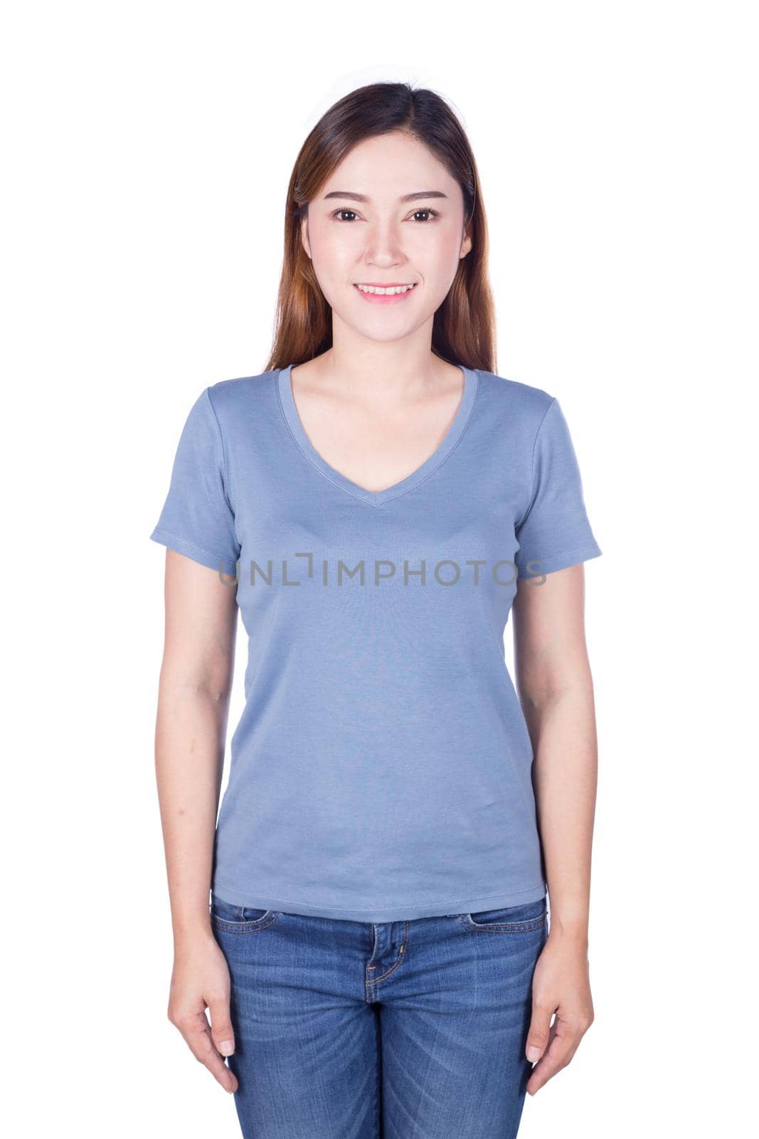 happy woman in blue t-shirt isolated on a white background