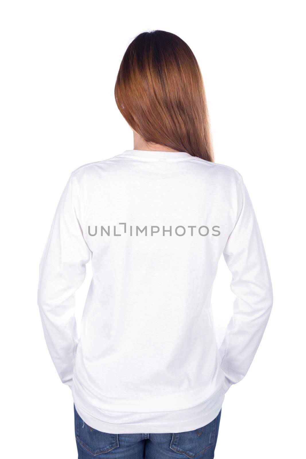 woman in white long sleeve t-shirt isolated on white background (back side) by geargodz