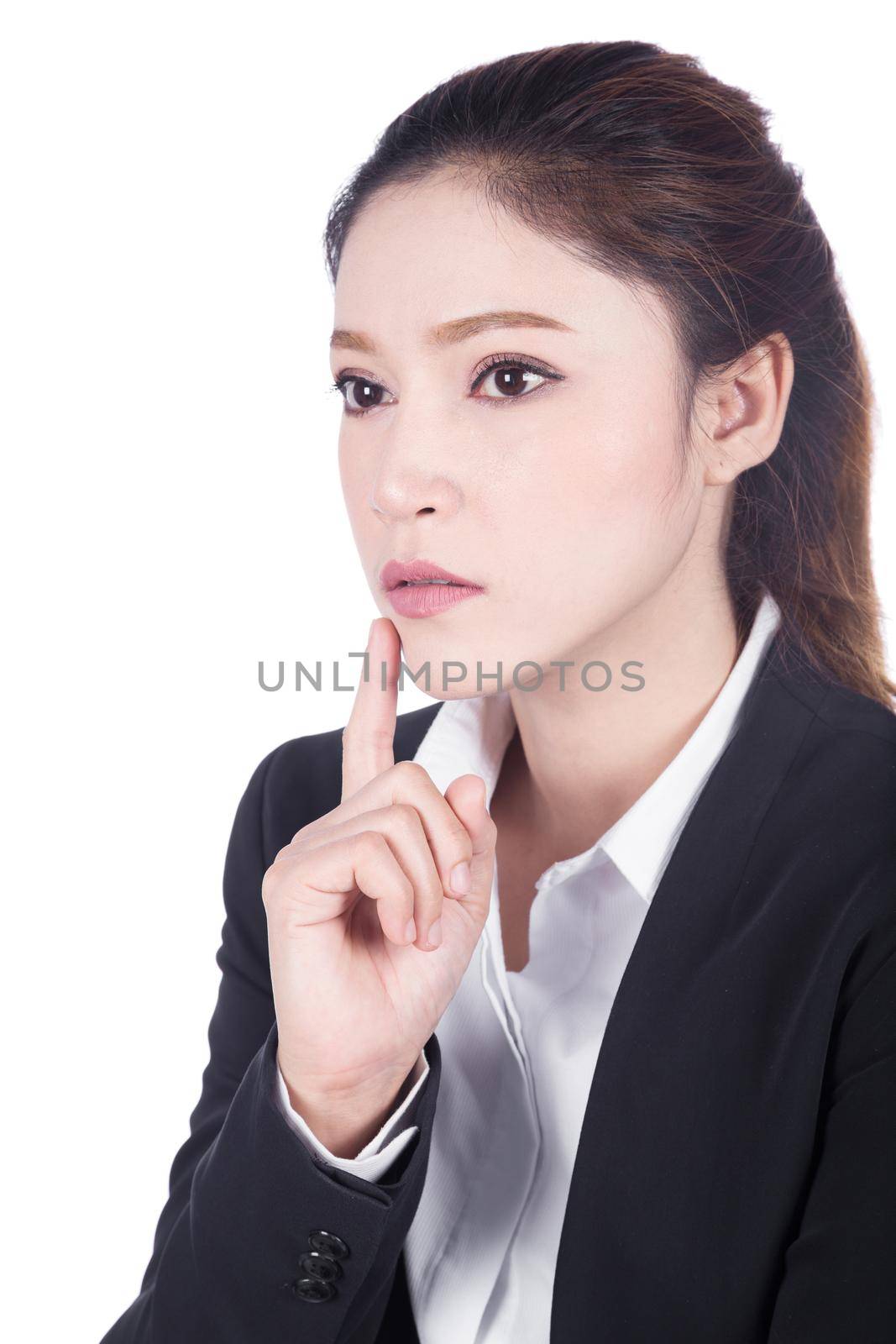 portrait business woman thinking isolated on white background