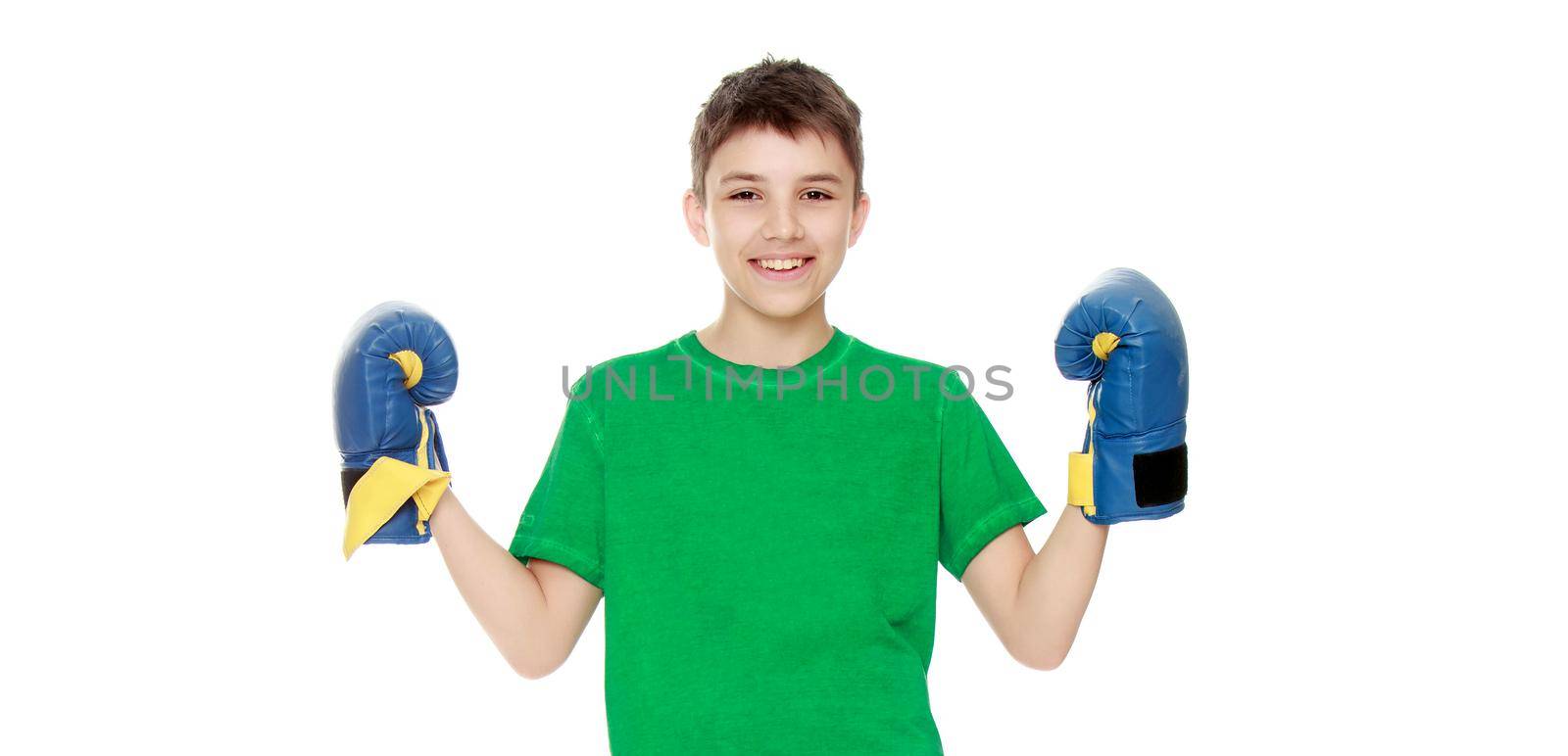 Cheerful teen boy in Boxing gloves - Isolated on white background