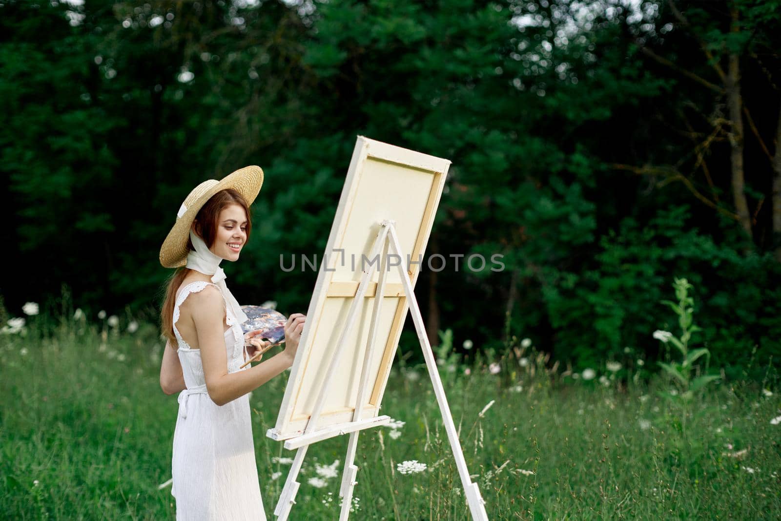 pretty woman in white dress outdoors drawing art creative by Vichizh