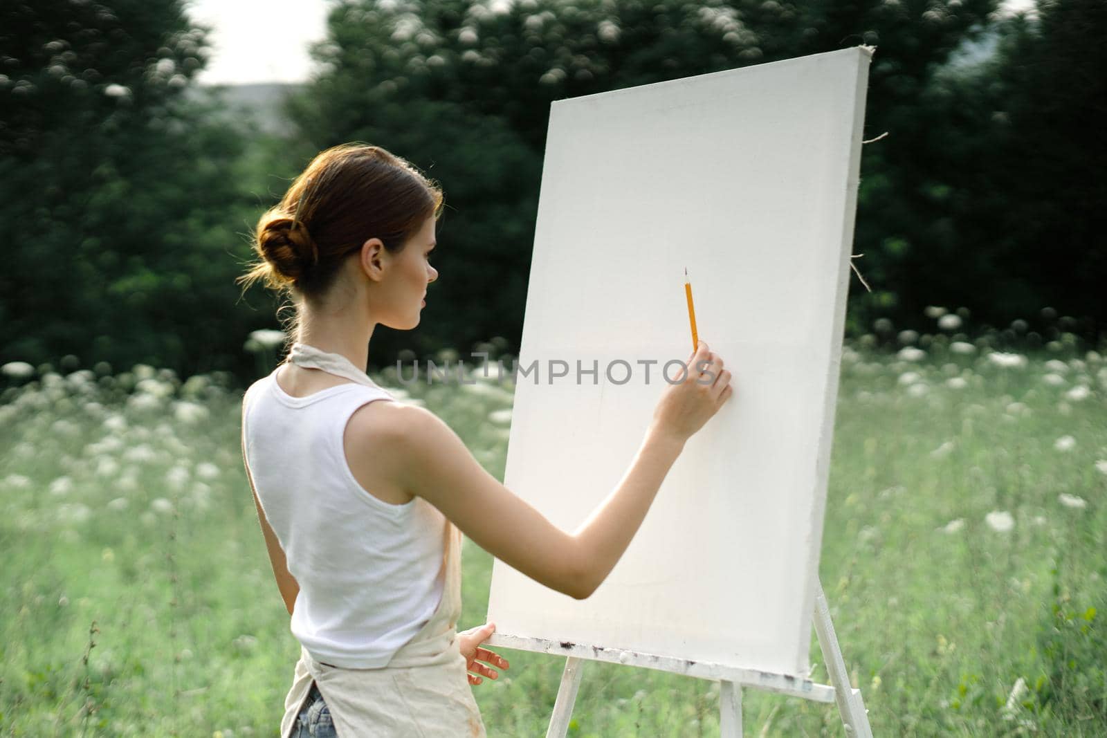 woman artist creative drawing landscape nature hobby by Vichizh