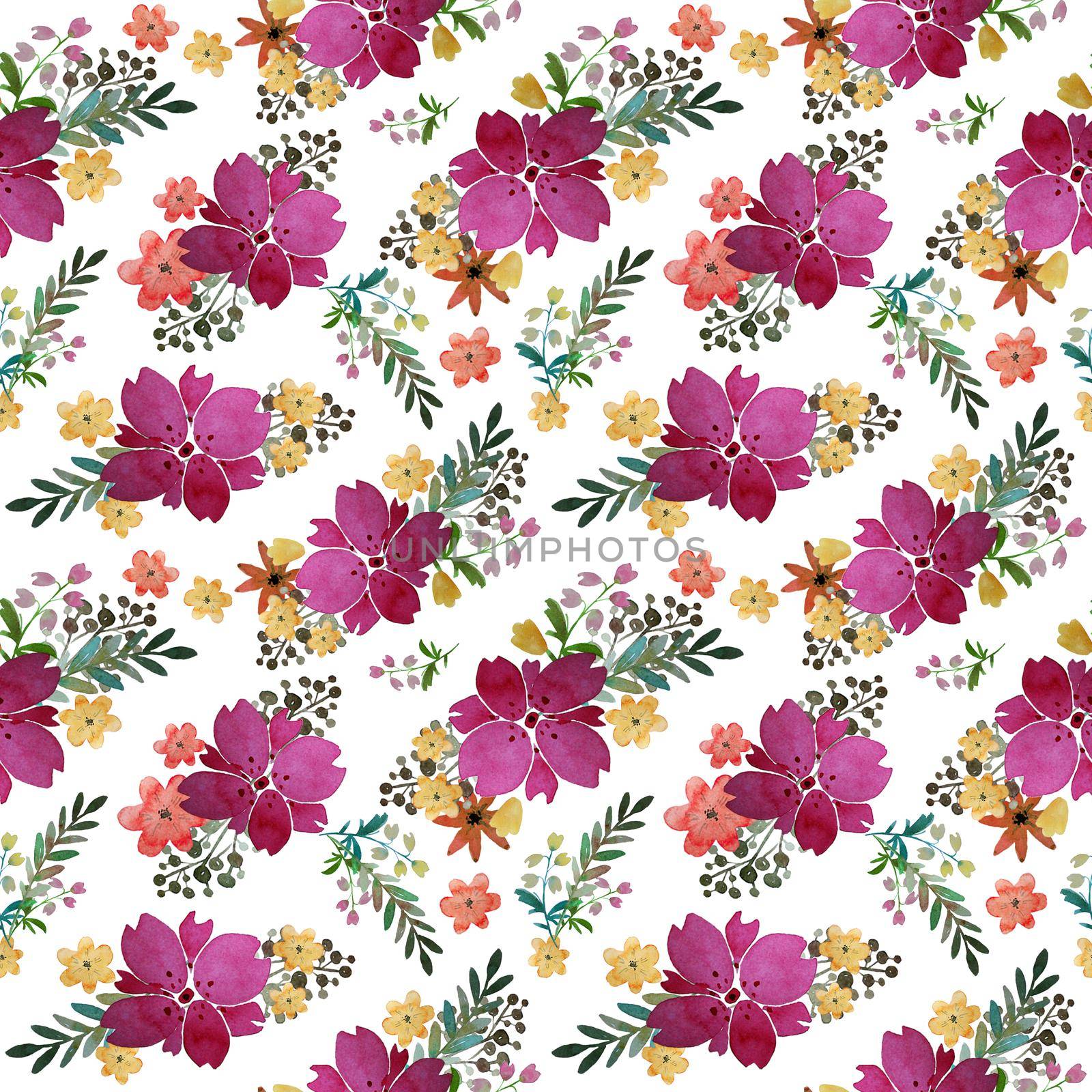 Romantic floral seamless pattern with flowers and leaf. Print for textile wallpaper endless. Hand-drawn watercolor elements. Beauty bouquets. Pink, yellow. green. orange on white background. by DesignAB