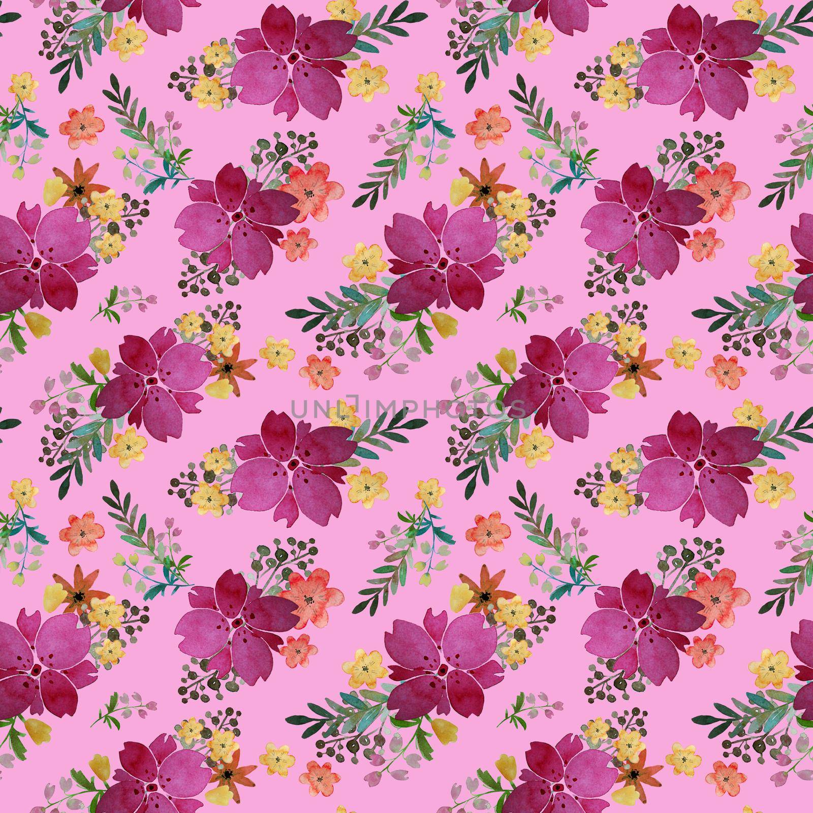 Romantic floral seamless pattern with flowers and leaf. Print for textile wallpaper endless. Hand-drawn watercolor elements. Beauty bouquets. Pink, yellow. green. orange on purple background. by DesignAB