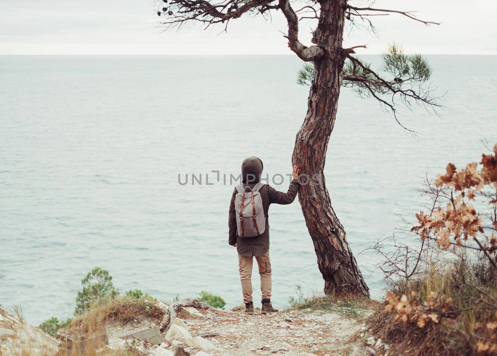 Unrecognizable traveler wearing in warm clothing with backpack standing near a tree and looking at sea, rear view