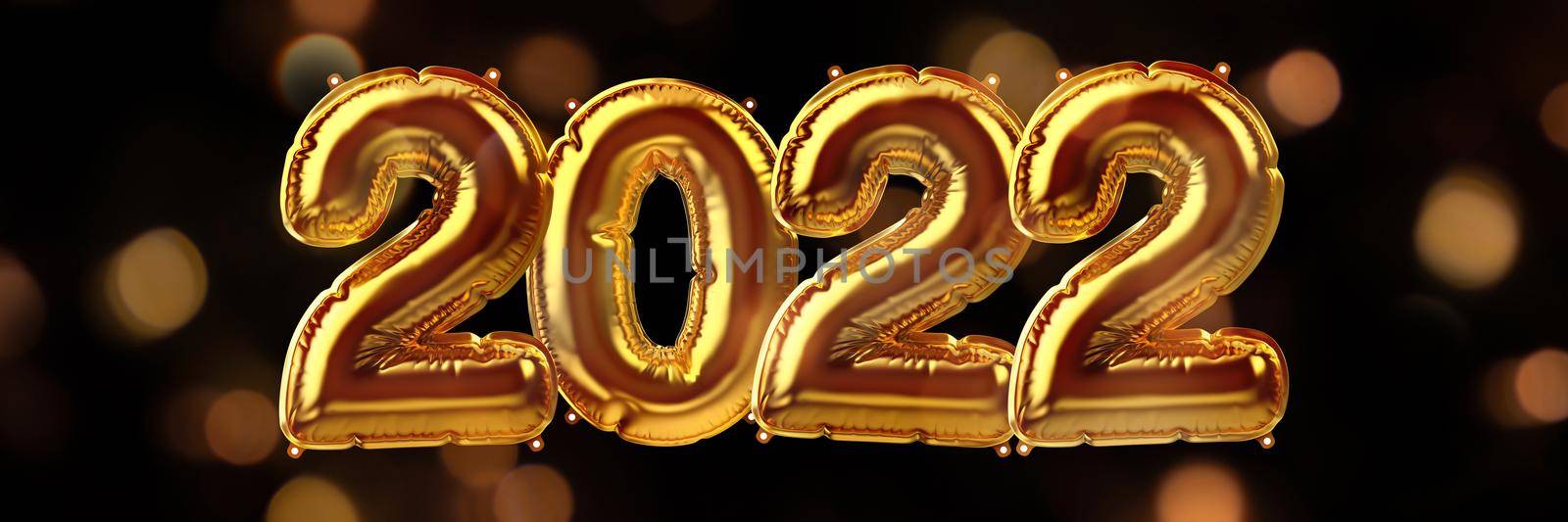 3D Render of gold inflatable foil balloons with bokeh lights. Banner. Bright party 2022 decoration figures. New year celebration postcard. Graphic elements for Xmas design. Happy holidays background