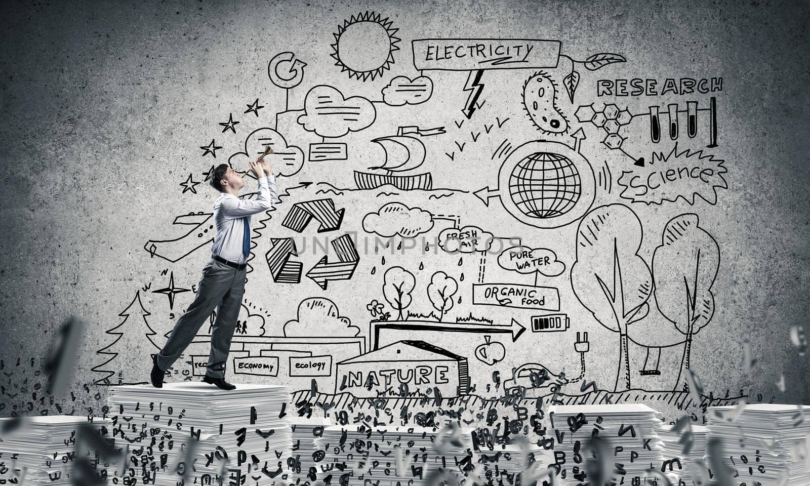 Businessman playing fife while standing on pile of documents among flying letters with eco-analytical information on background. Mixed media.