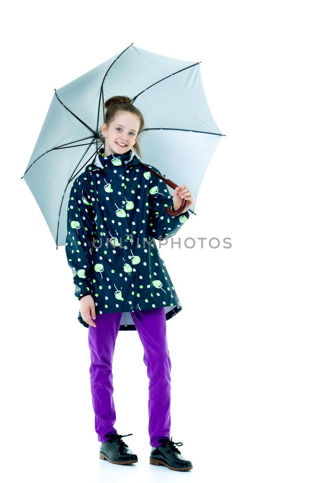 Beautiful little girl with umbrella. Concept of weather, climate change. Isolated on white background