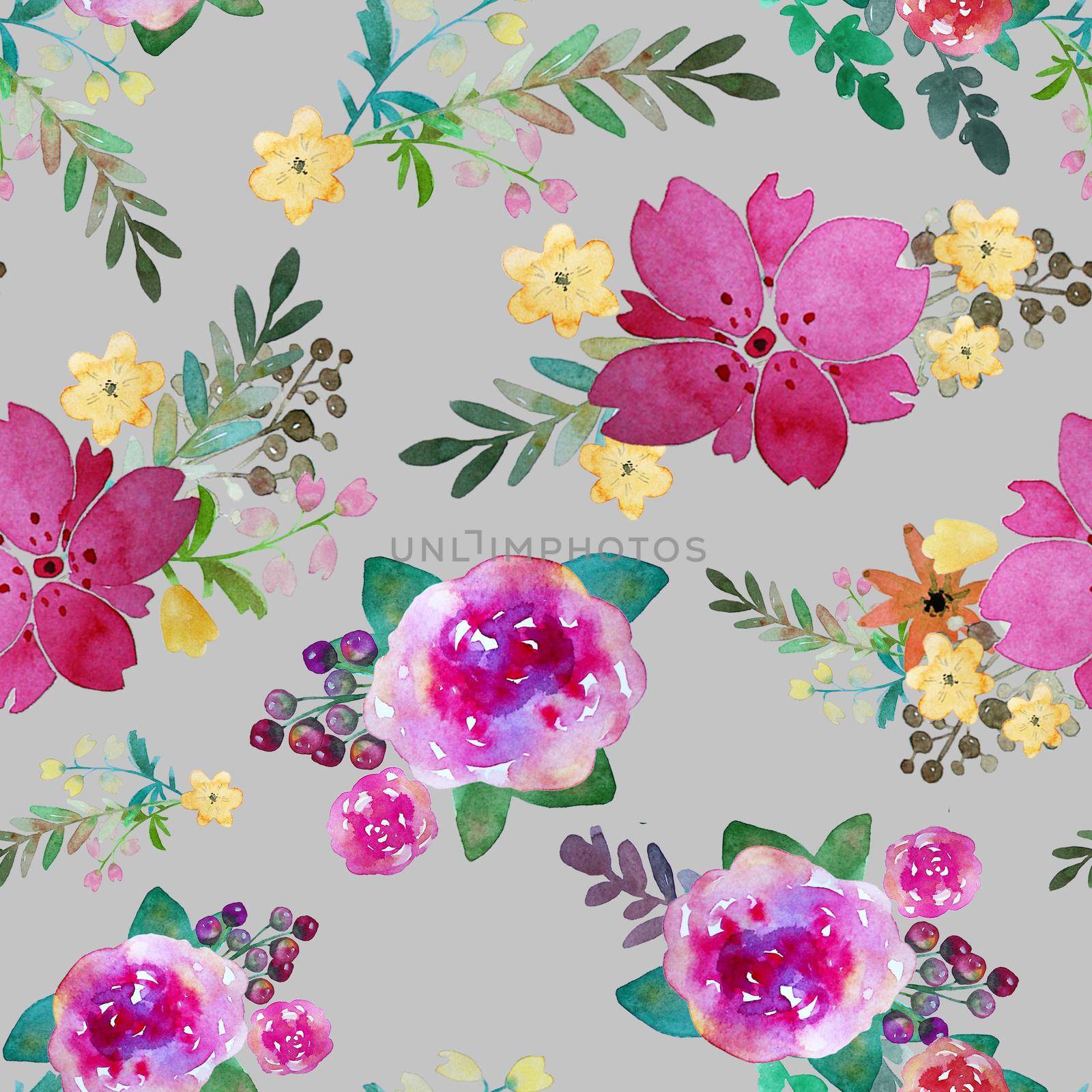 Romantic floral seamless pattern with rose flowers and leaf. Print for textile wallpaper endless. Hand-drawn watercolor elements. Beauty bouquets. Pink, red. green on gray background. Summer spring