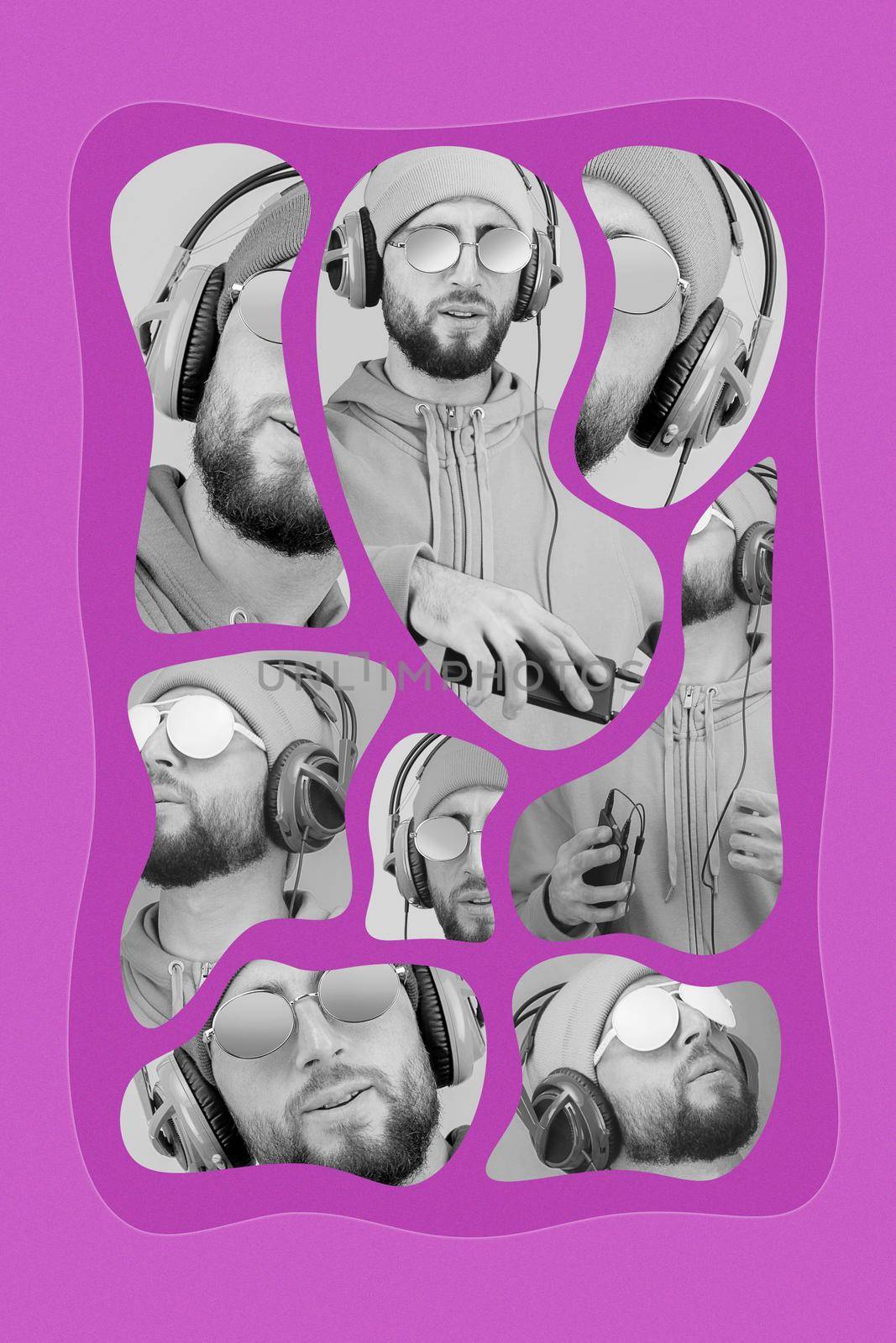 Pop art style collage. Funky bearded hipster DJ in headphone and sunglasses. Listening streaming music in smartphone player app. Contemporary art poster. Rave music nightclub party. Minimal concept. by bashta