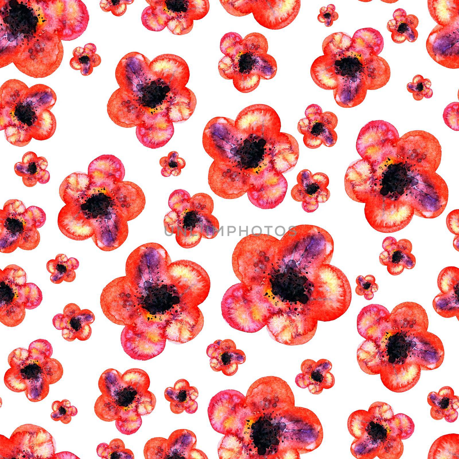 Seamless watercolor pattern of red flowers on white background by DesignAB