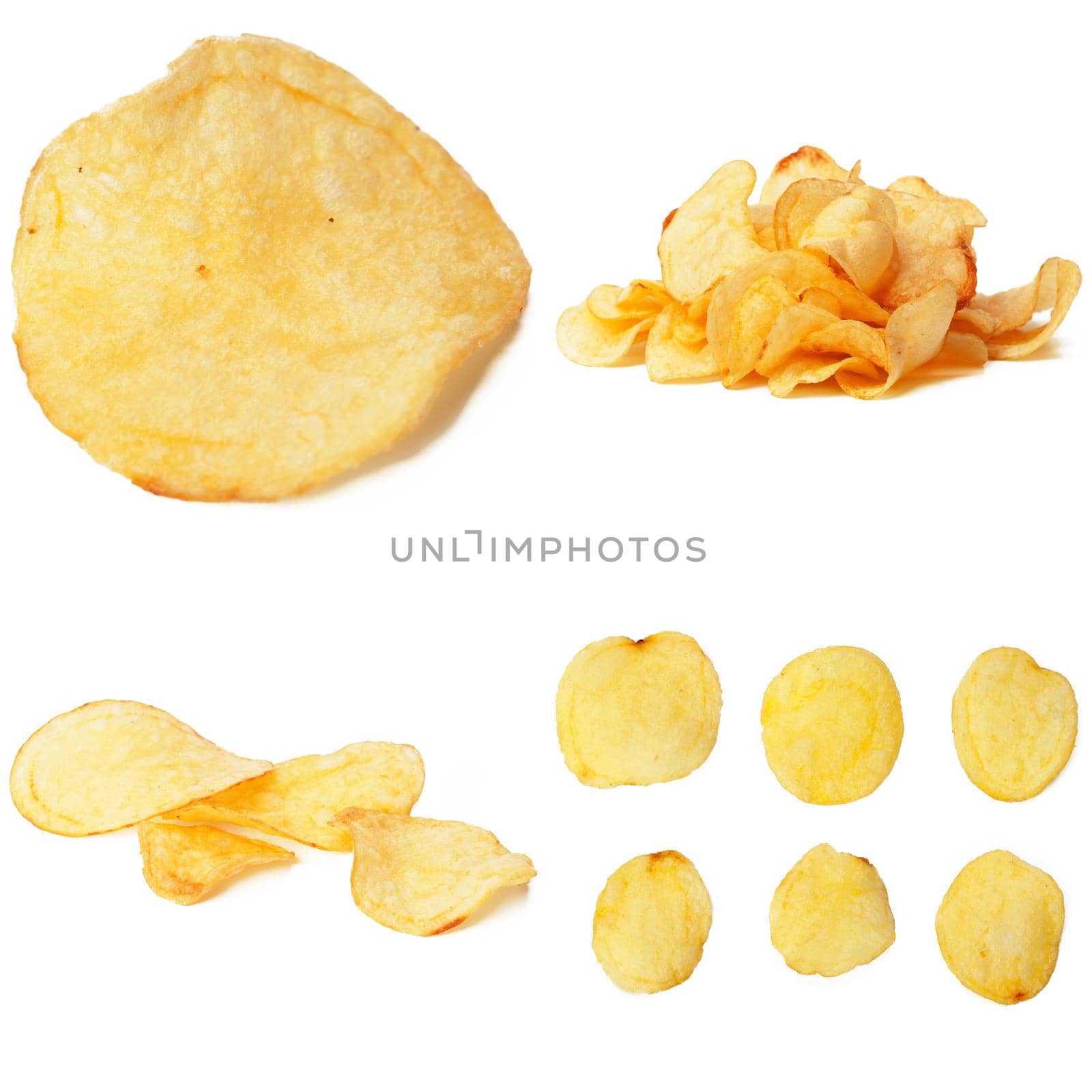 Set of potato chips close-up on an isolated white background