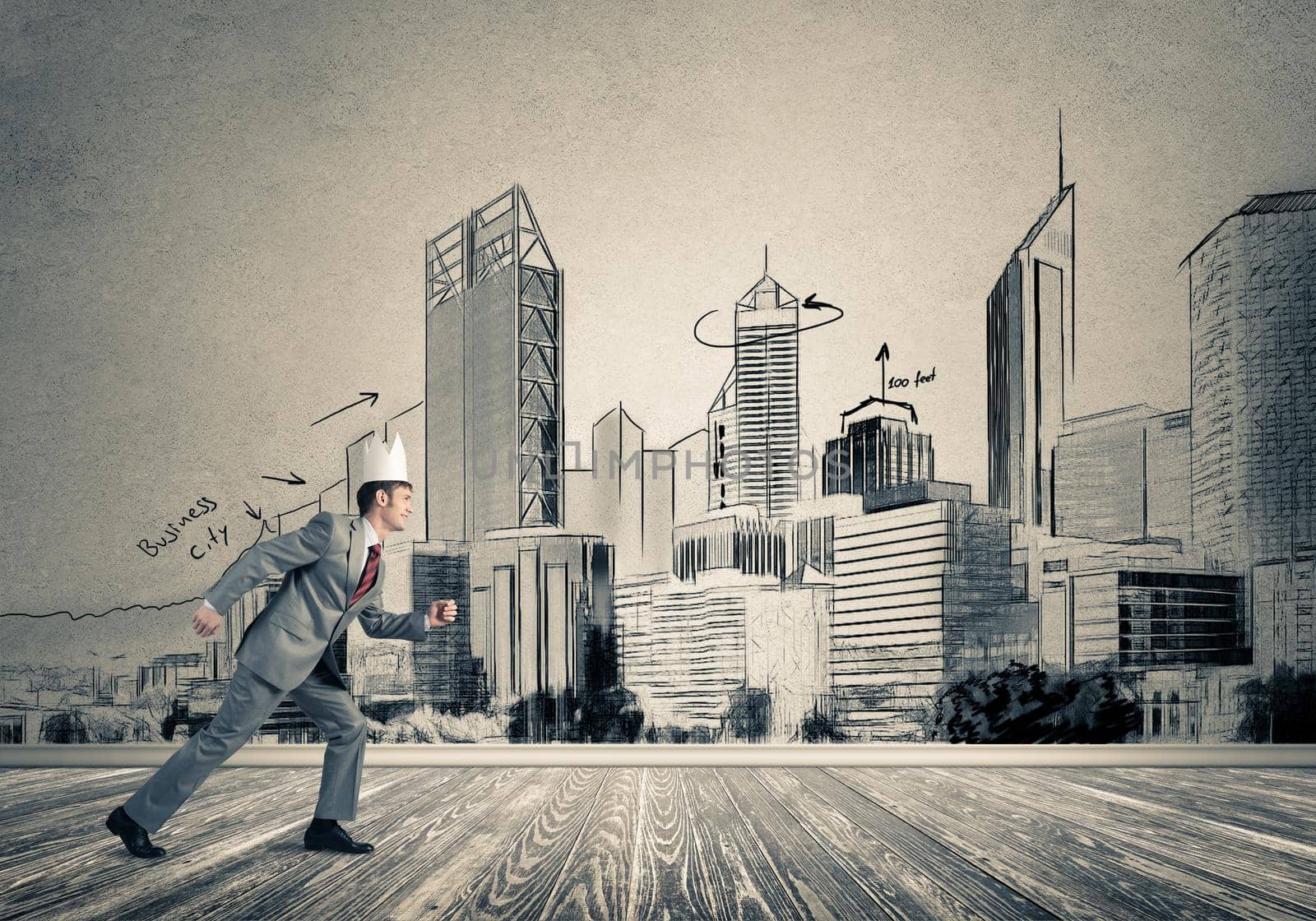 Young handsome businessman wearing white paper crown running in a hurry