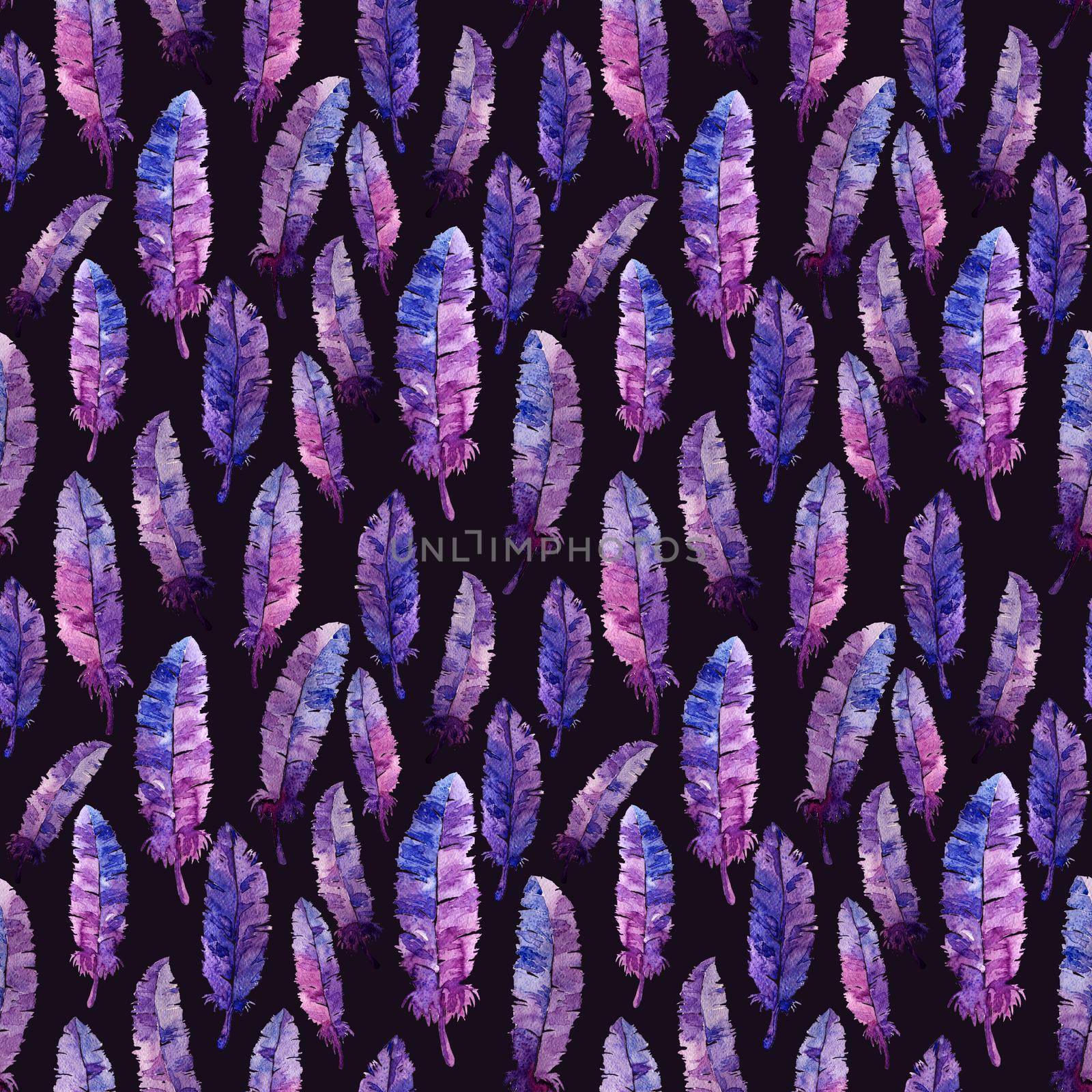 Watercolor feathers seamless pattern. Colorful feathers with watercolor texture pattern. Violet background