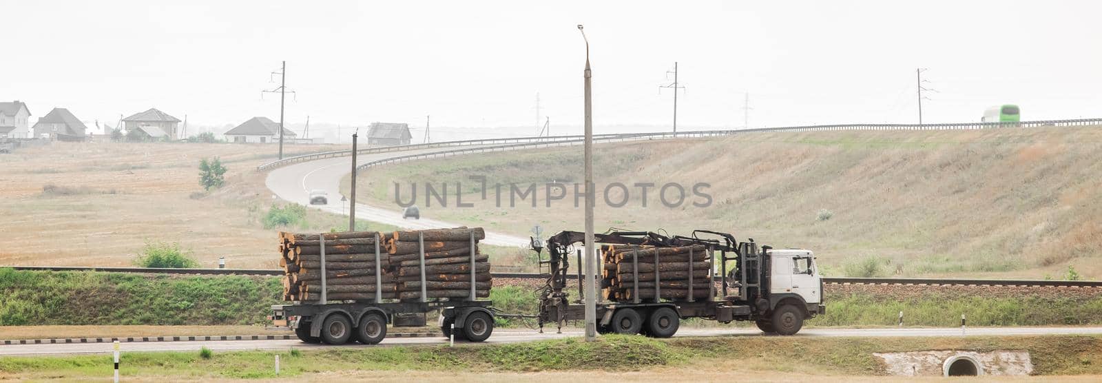 The machine transports wooden logs. Cargo transportation of wood and boards.
