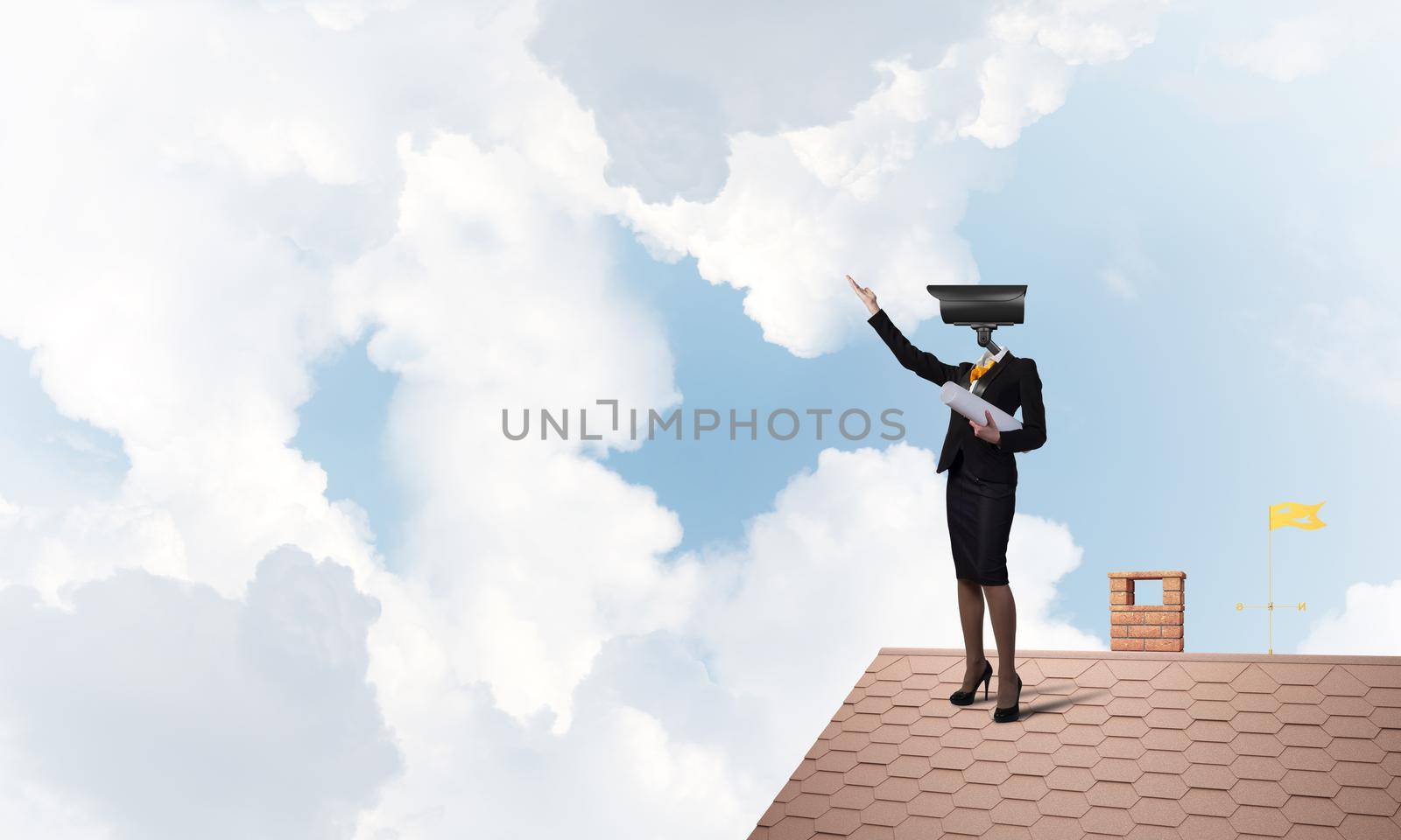 Faceless businesswoman with camera zoom instead of head standing on house roof