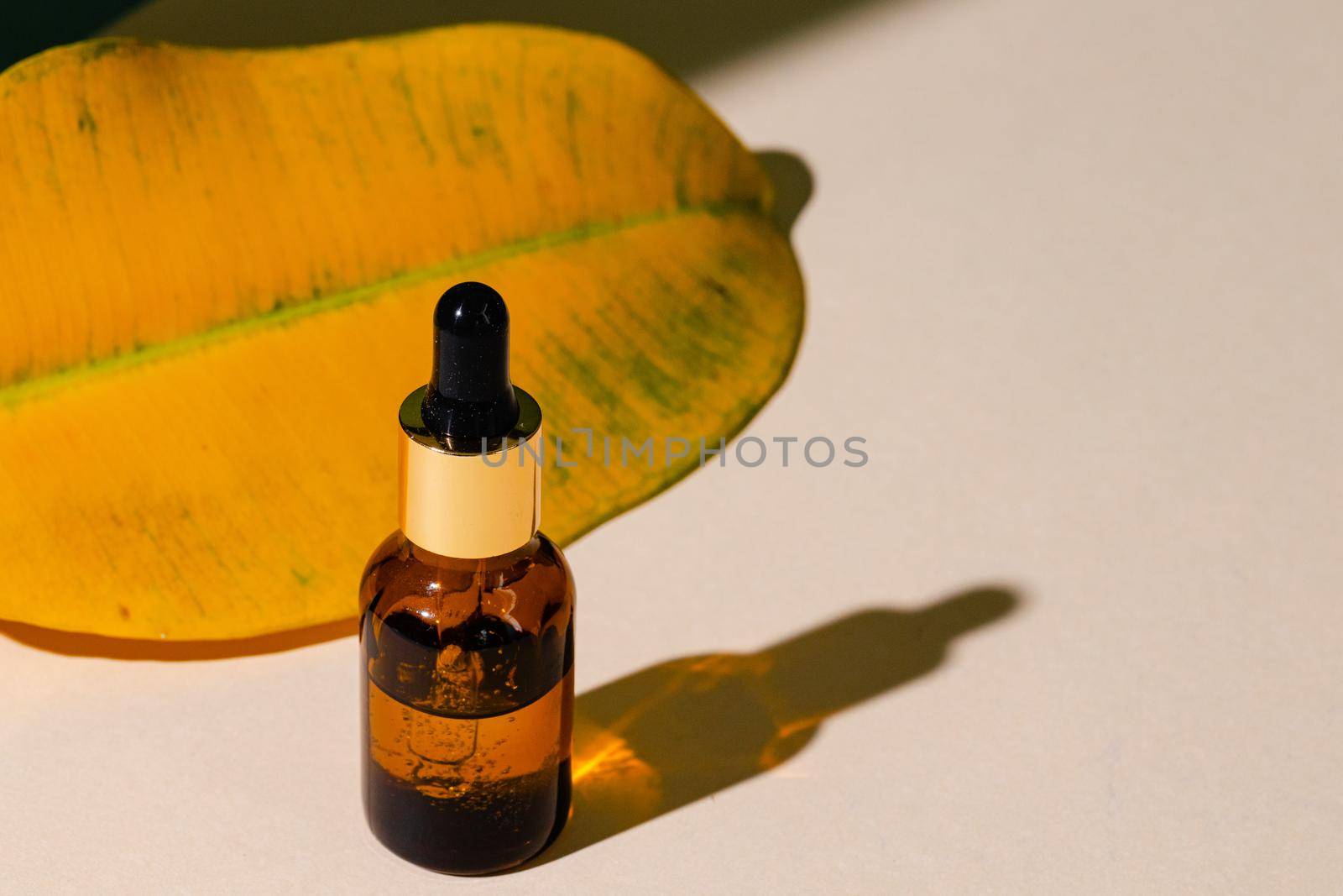 Oily skincare moistrizing brown glass jar with pipette close up