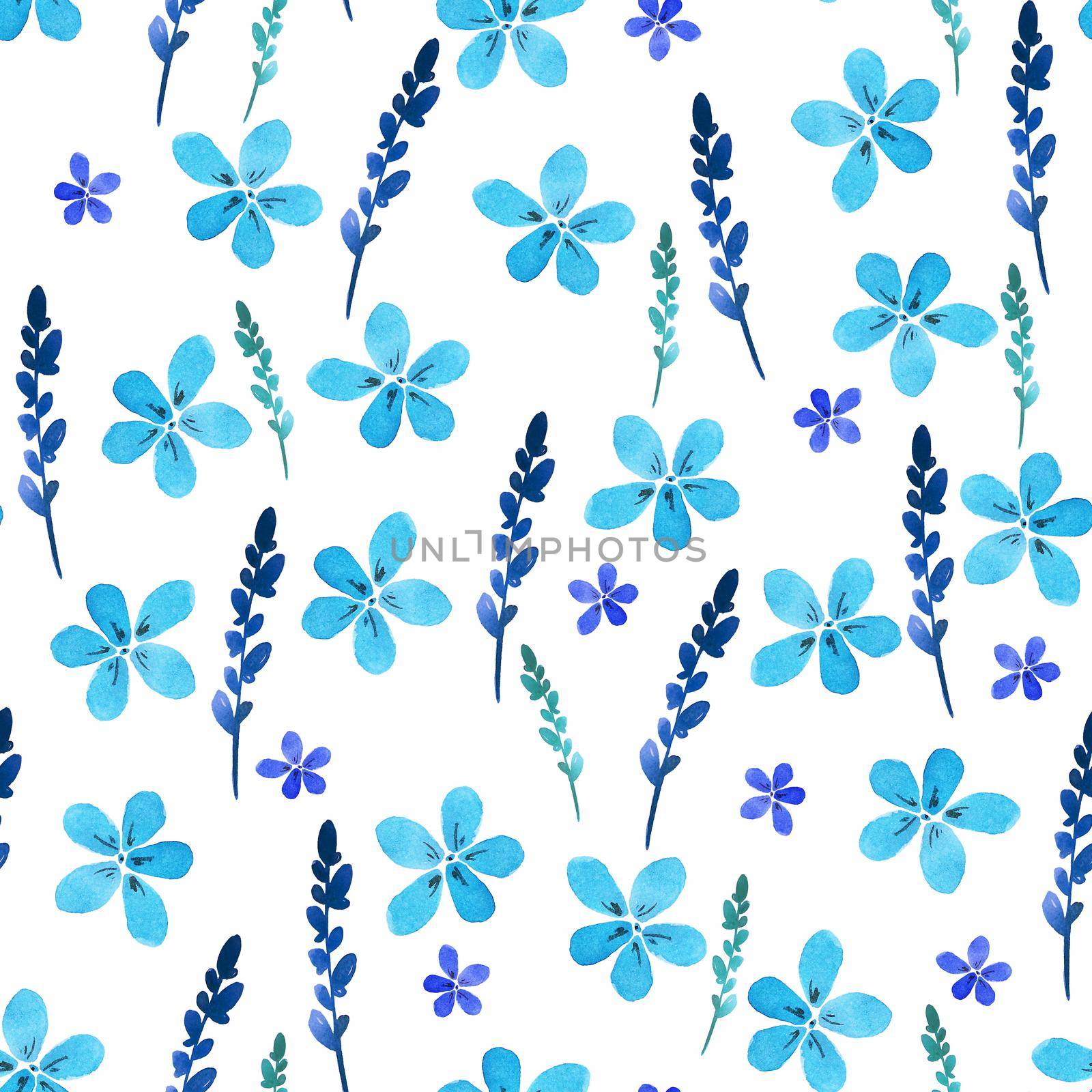 Seamless floral pattern with watercolor blue flowers and leaves in vintage style. Hand made. Ornate for textile, fabric, wallpaper. Nature illustration. Painting elements. by DesignAB
