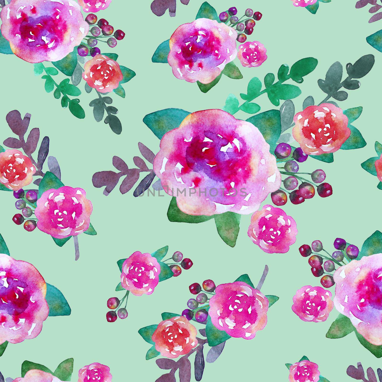 Vintage floral seamless pattern with rose flowers and leaf. Print for textile wallpaper endless. Hand-drawn watercolor elements. Beauty bouquets. Pink, red. green on blue background. by DesignAB