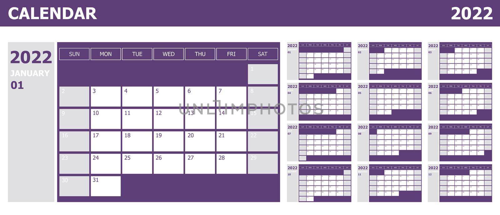 Calendar 2022 week start Sunday design planner with violet and grey, stock vector