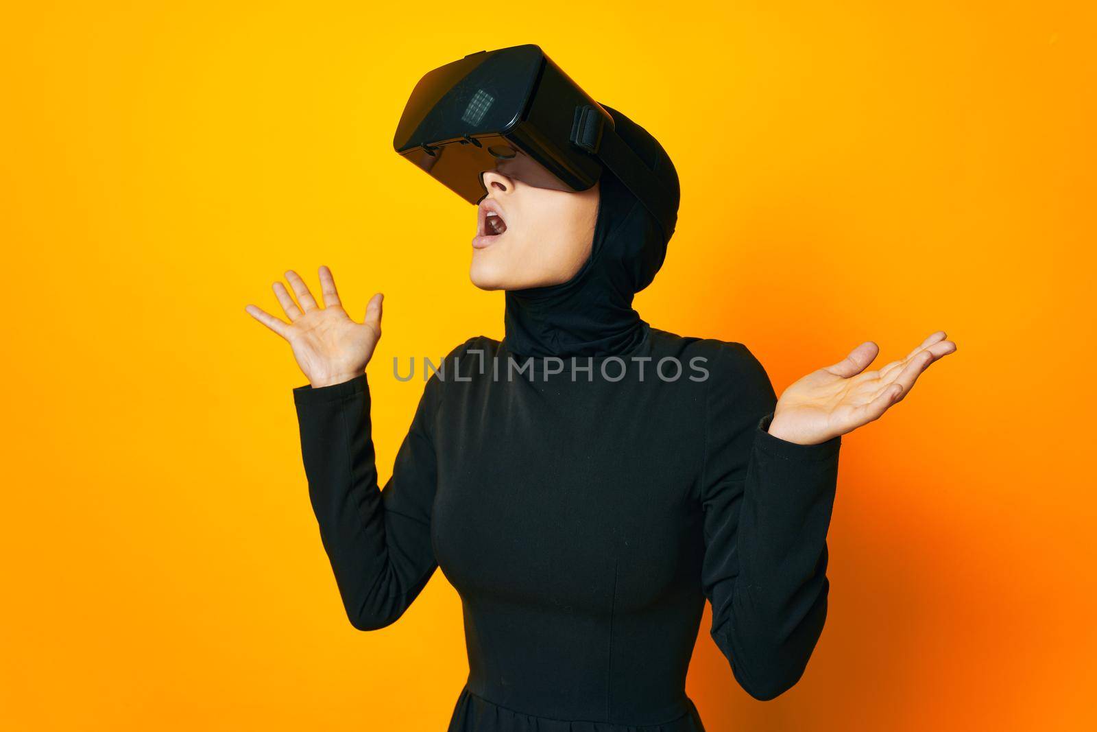 cheerful woman technology simulator device gaming studio lifestyle. High quality photo