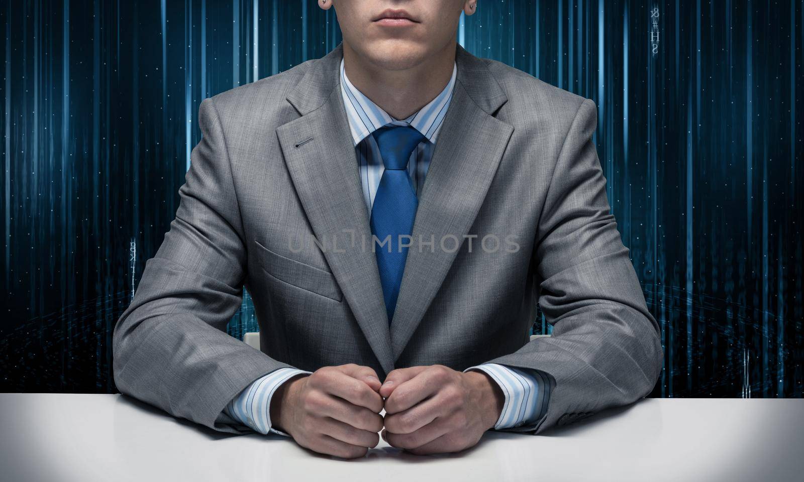 Man with folded hands sitting at desk. Internet manager without face in business suit and tie on abstract matrix like background. Digital technologies and innovations. Internet company service