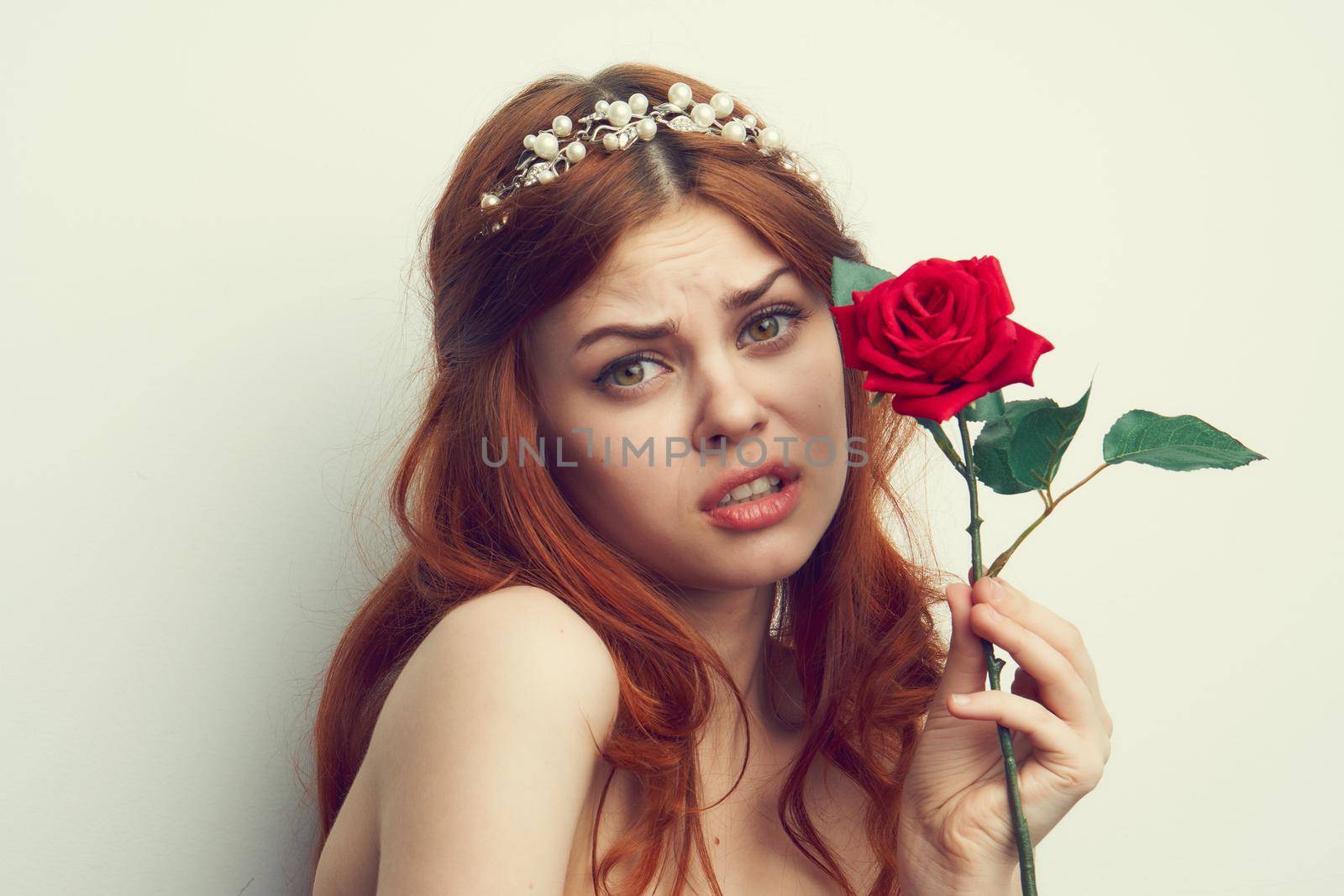 attractive woman with rose flower makeup romance model. High quality photo