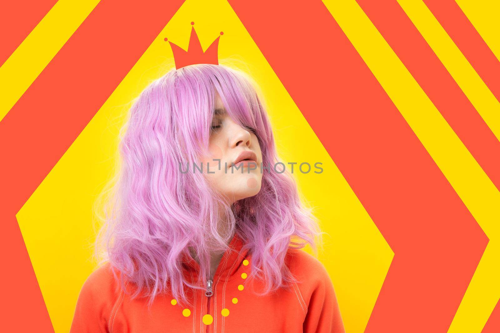 Art collage. Close up fashion portrait beautiful young woman with pink hair on yellow background. Creative vogue concept image in contemporary pop art style. by bashta