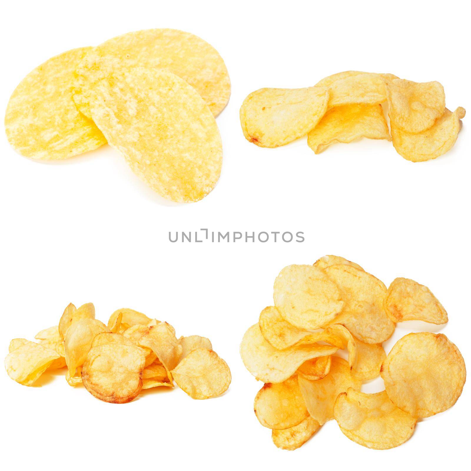 Set of potato chips close-up on an isolated white background