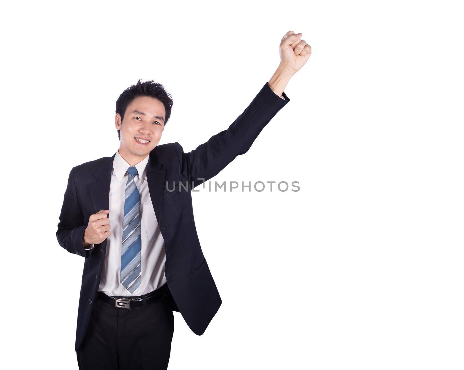 success businessman keeping arms raised isolated on white background