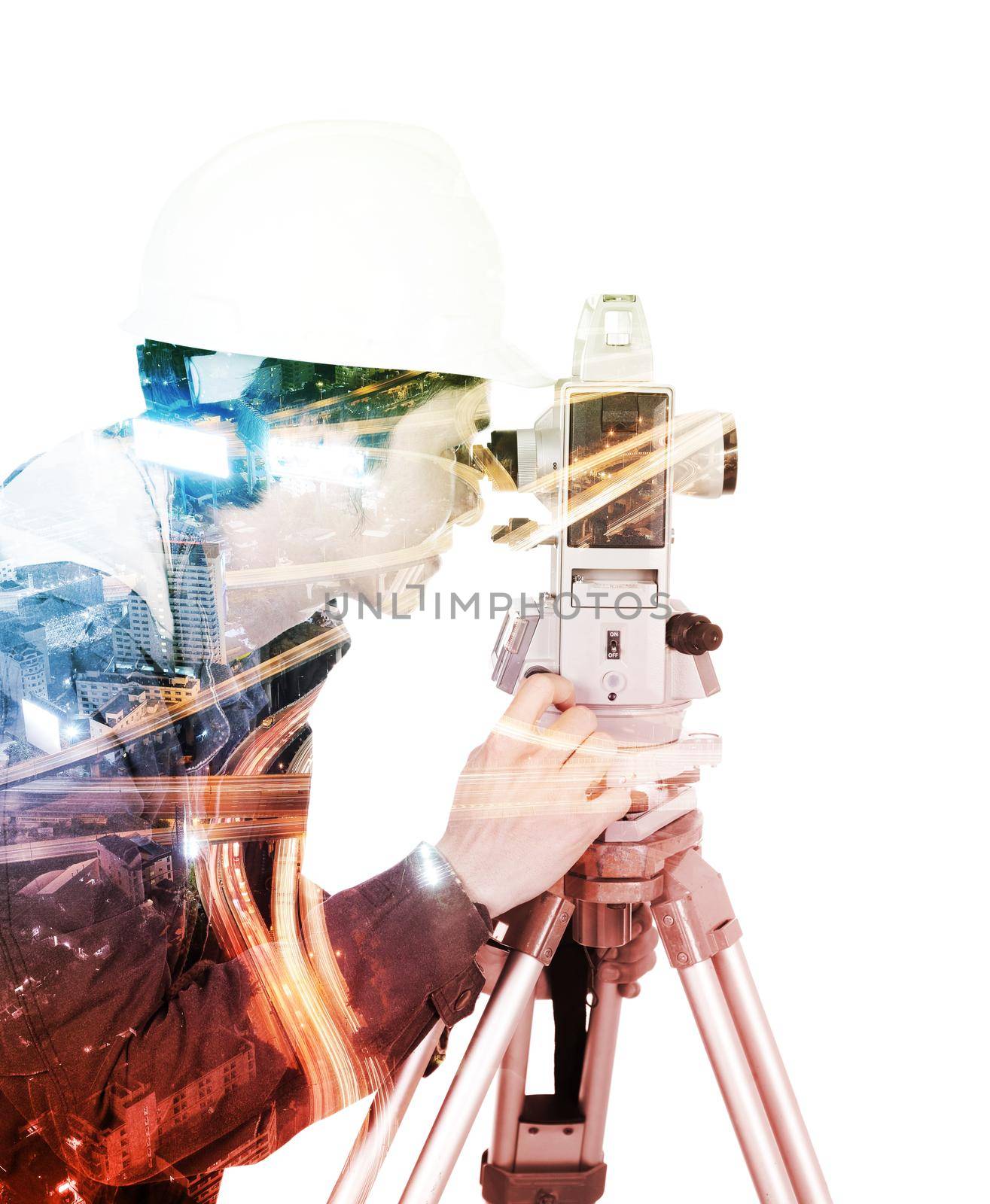 Double exposure of engineer working with survey equipment theodolite on a tripod against the city isolated on white background