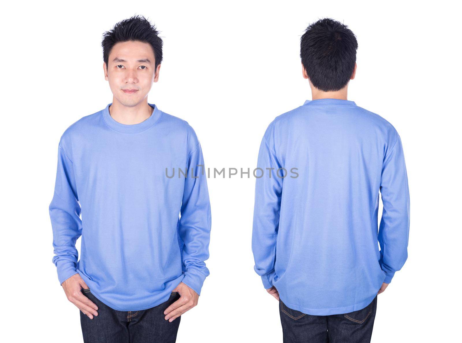 man in blue long sleeve t-shirt isolated on a white background