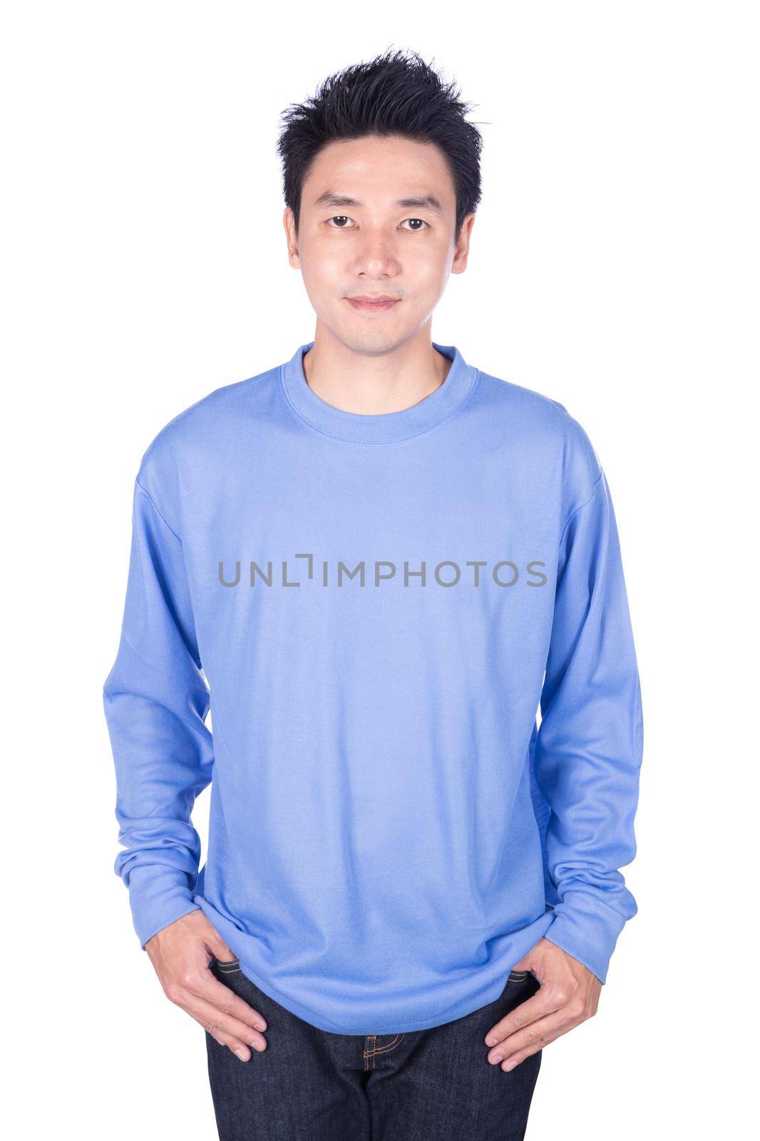 happy man in blue long sleeve t-shirt isolated on a white background