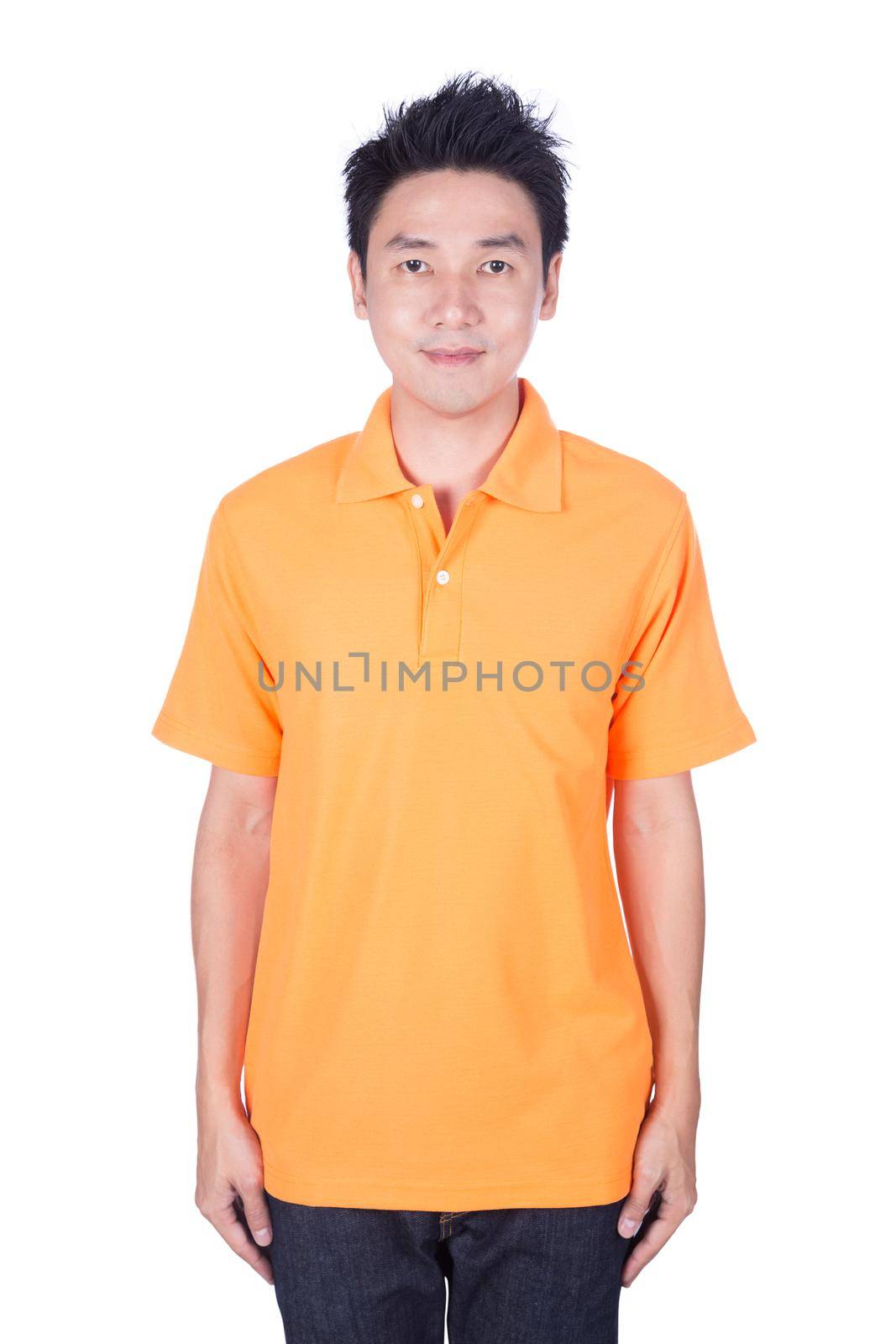 happy man in orange polo shirt isolated on white background