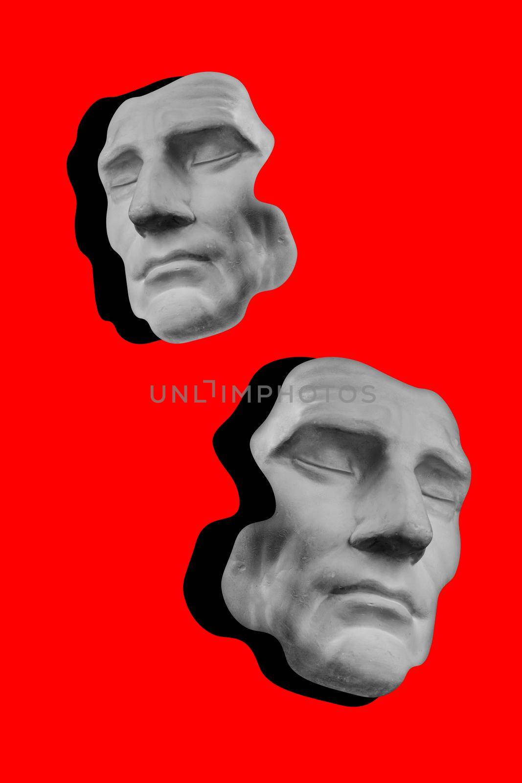 Collage with sculpture of human face in a pop art style. Modern creative concept image with ancient statue head. Zine culture. Contemporary art poster. Funky punk minimalism. Retro surreal design. by bashta