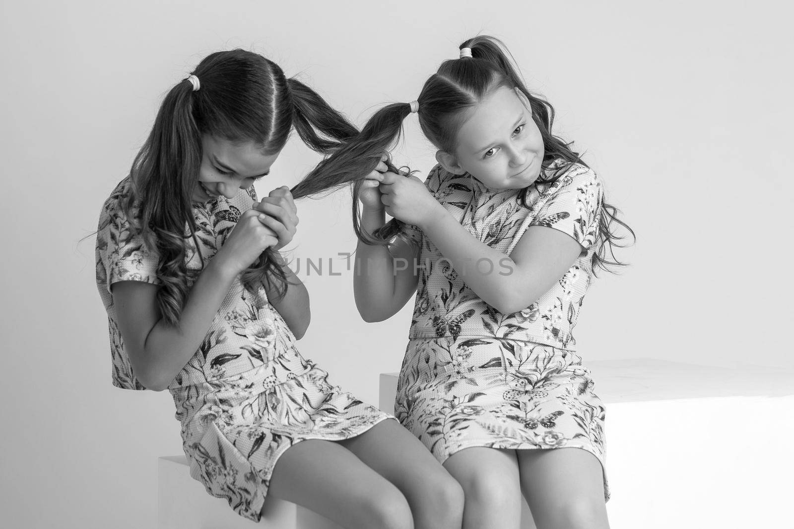 Kind funny girls pull each other for pigtails. The concept of tenderness and beauty.